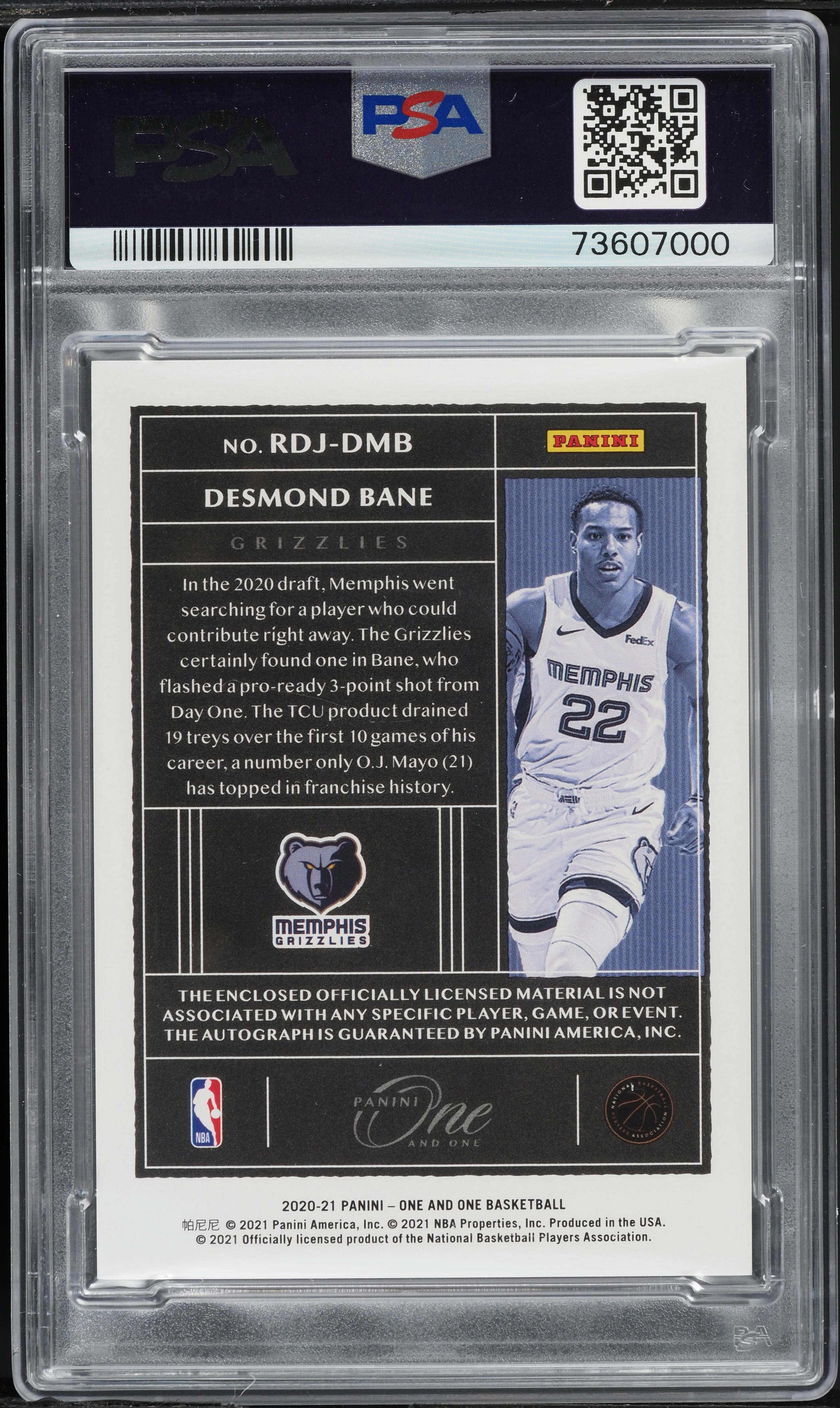 2020 Panini One and One Dual Jersey Desmond Bane ROOKIE PATCH AUTO