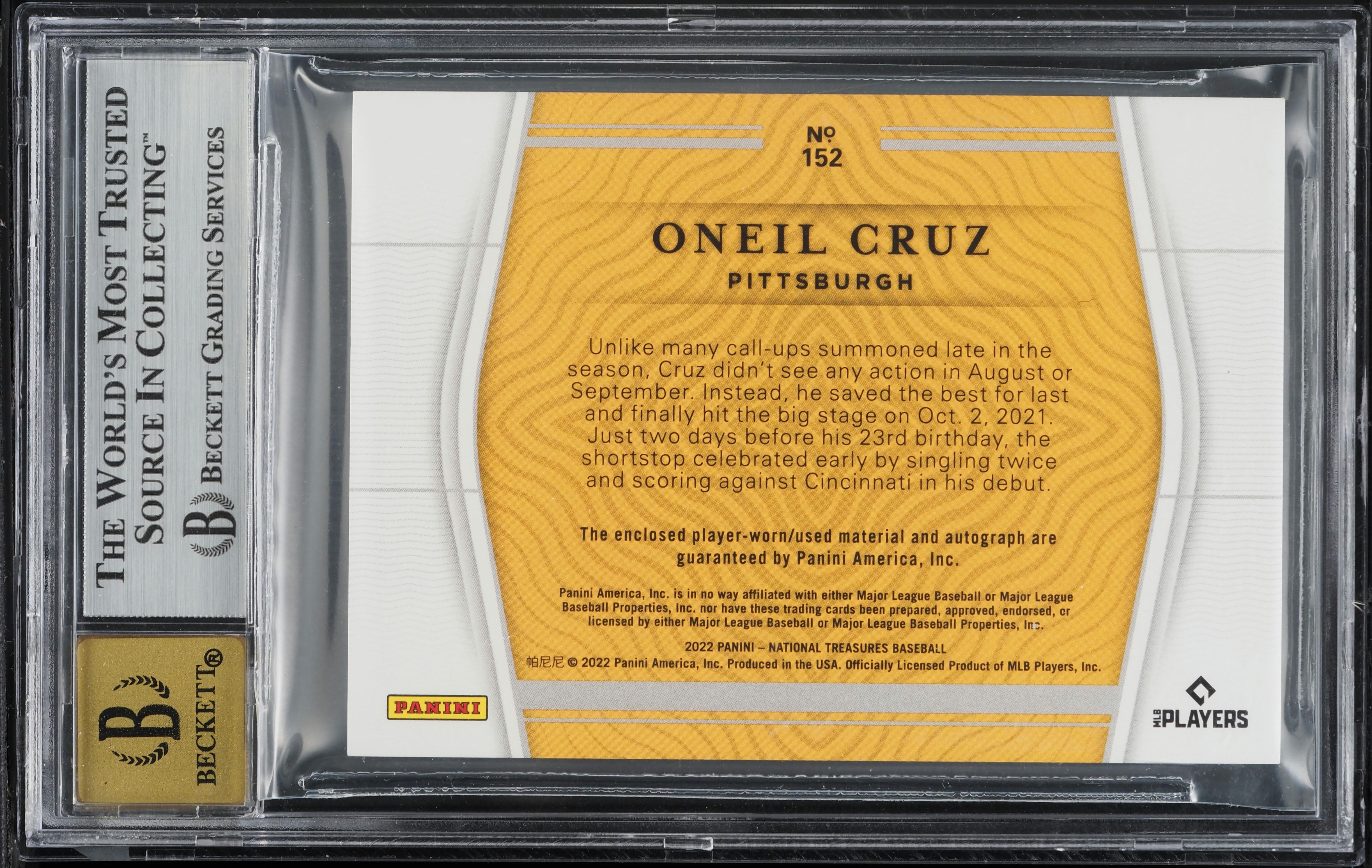 2022 National Treasures Oneil Cruz ROOKIE PATCH AUTO /99 #152 BGS