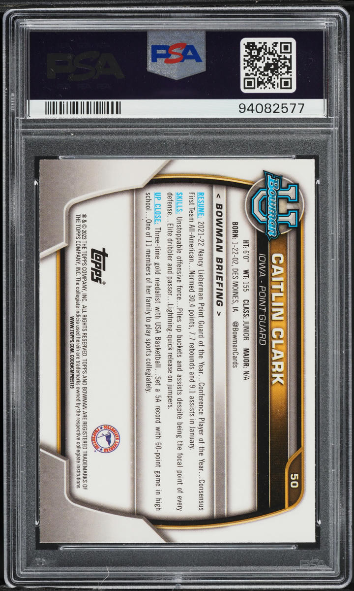 2022 Bowman University Chrome Caitlin Clark ROOKIE #50 PSA 9 MINT