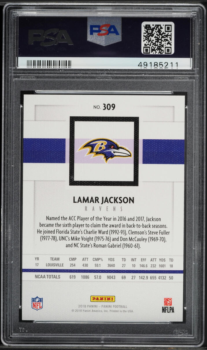 2018 Panini Canvas Lamar Jackson ROOKIE #309 PSA 10 GEM MINT