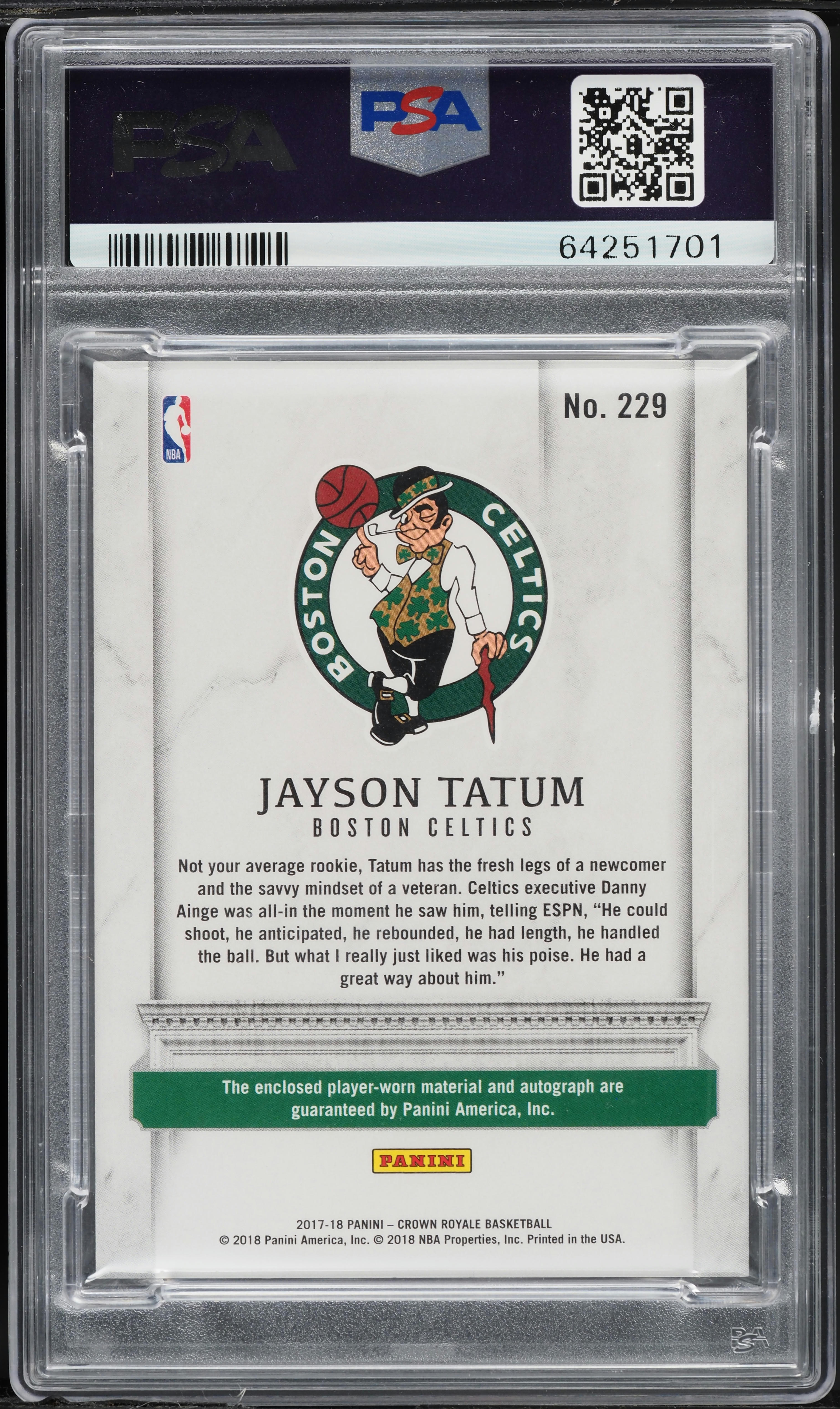 2017 Crown Royale Jayson Tatum ROOKIE PATCH AUTO DNA 10 /199 #229