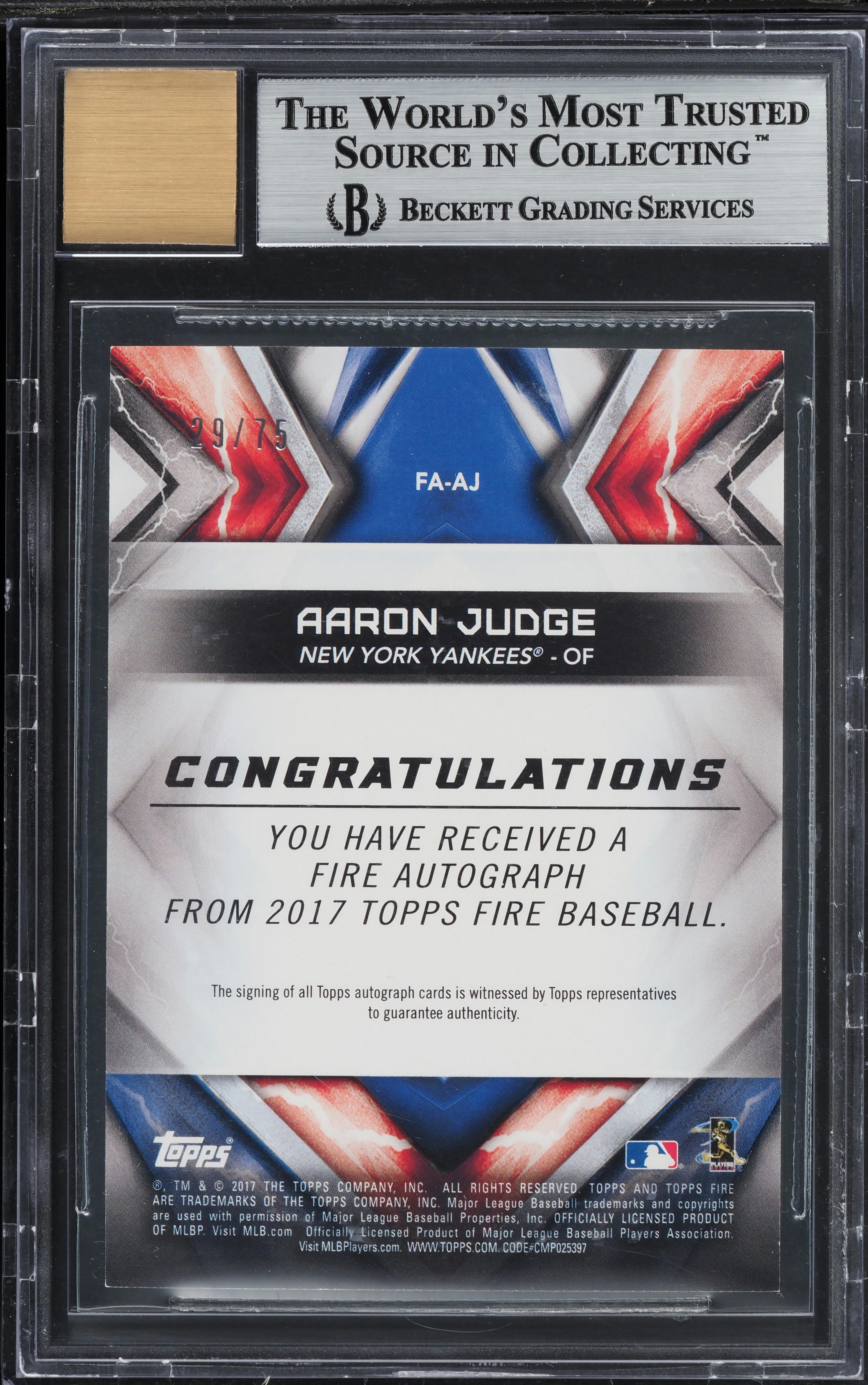 2017 Topps Fire Green Aaron Judge ROOKIE AUTO /75 #FA-AJ BGS 8.5 