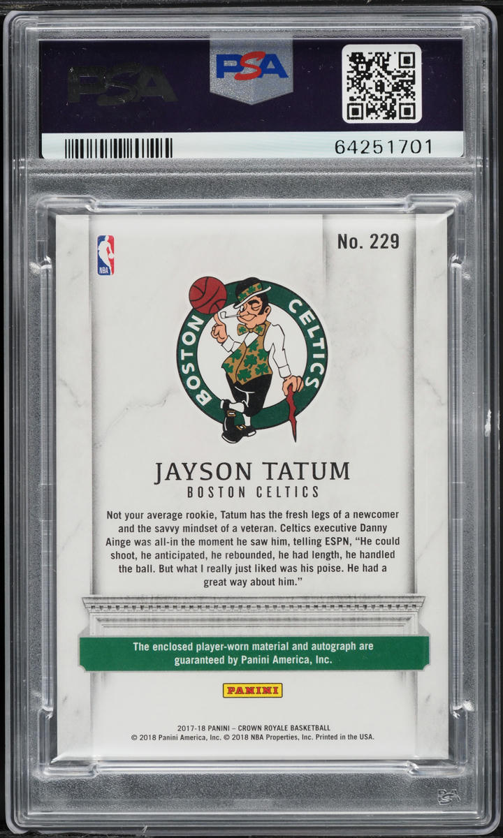 2017 Crown Royale Jayson Tatum ROOKIE PATCH AUTO DNA 10 /199 #229 PSA 9 MINT