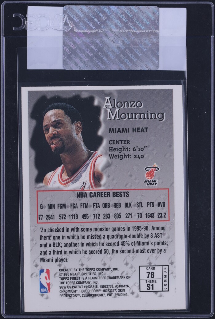 1996 Finest Basketball w/ Coating Alonzo Mourning #78 CGC AUTH