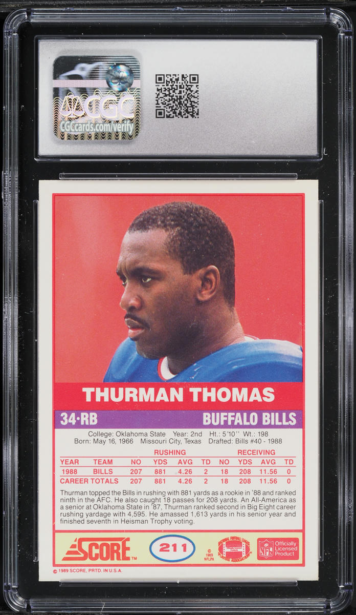 1989 Score Football Thurman Thomas ROOKIE #211 CGC 8 NM-MT