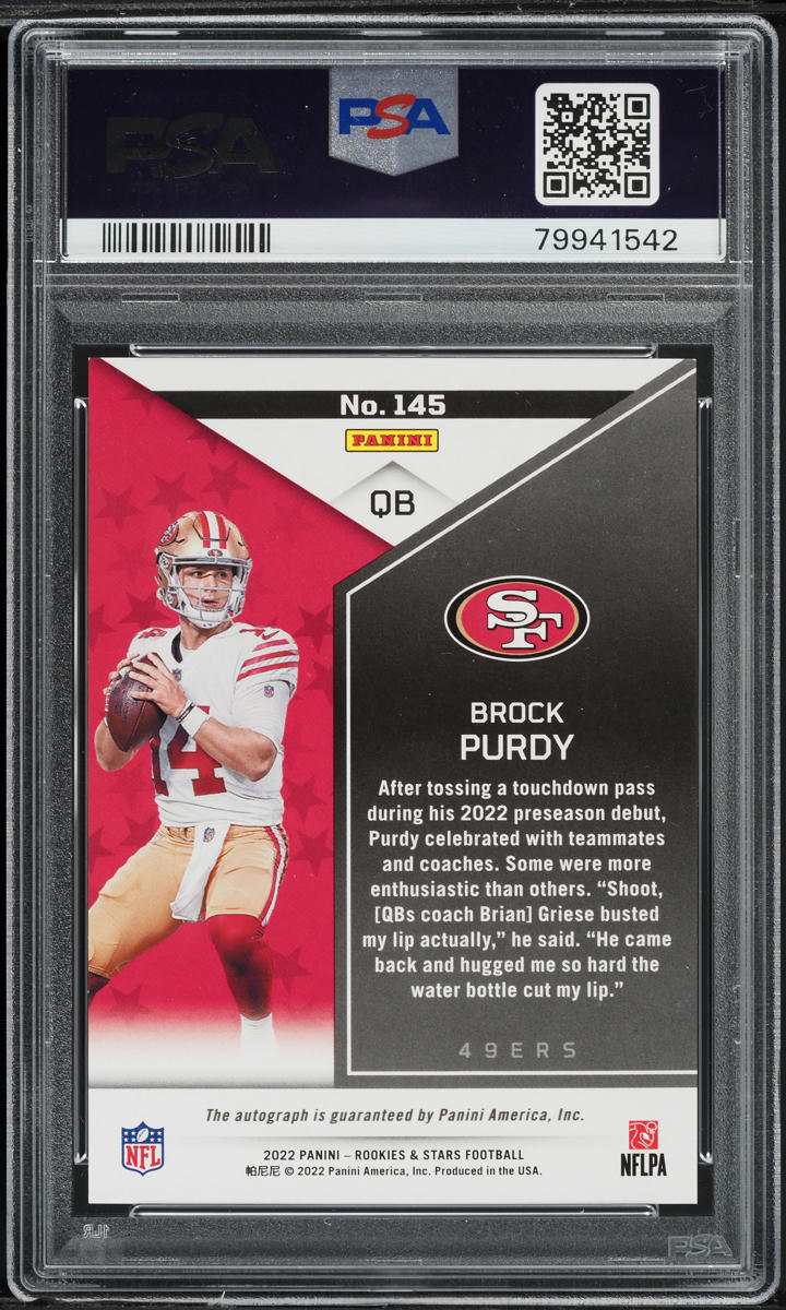 2022 Panini Rookies & Stars Brock Purdy ROOKIE AUTO DNA 10 /299 #145 PSA 9 MINT