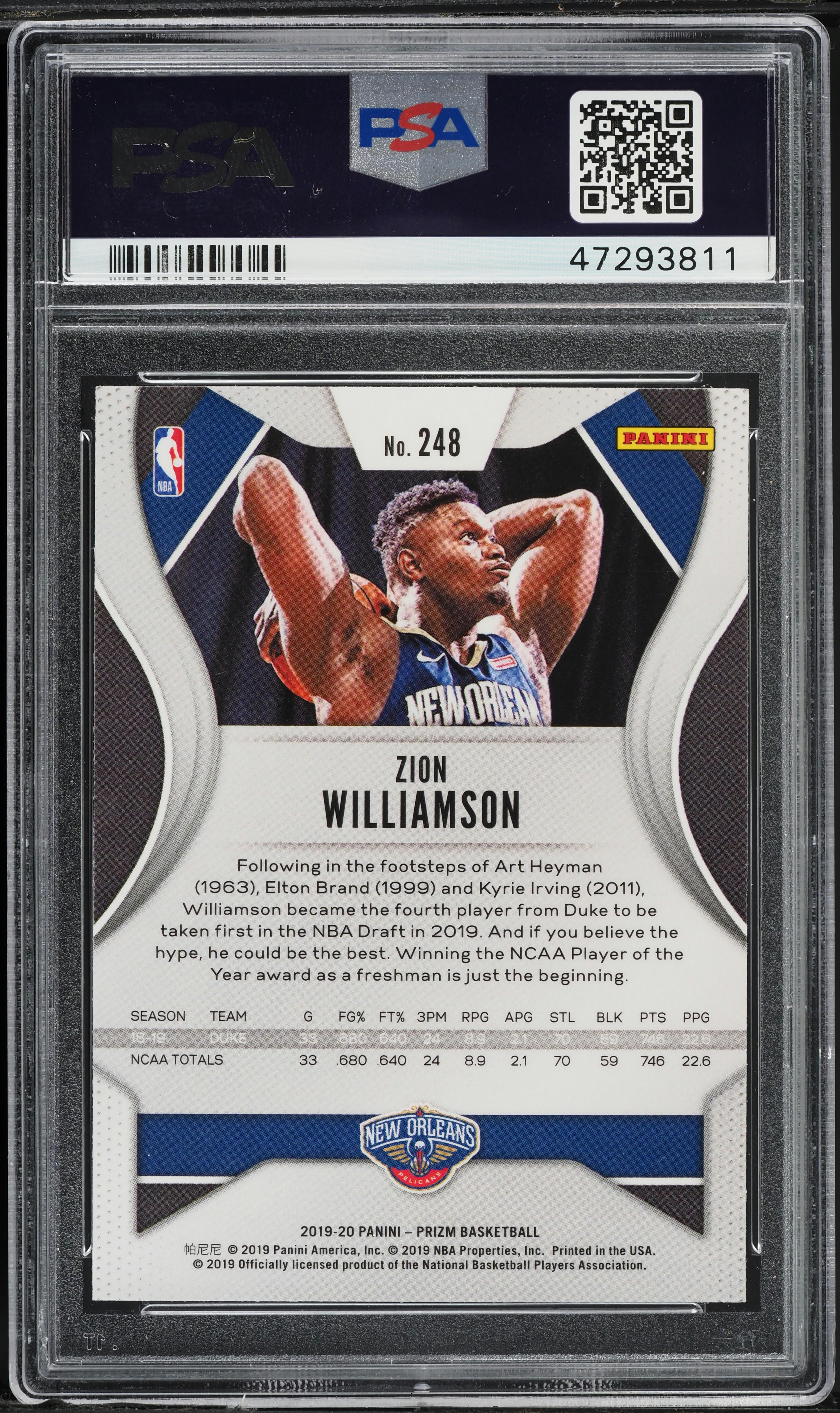 2019 Panini Prizm Zion Williamson ROOKIE #248 PSA 10 GEM MINT on