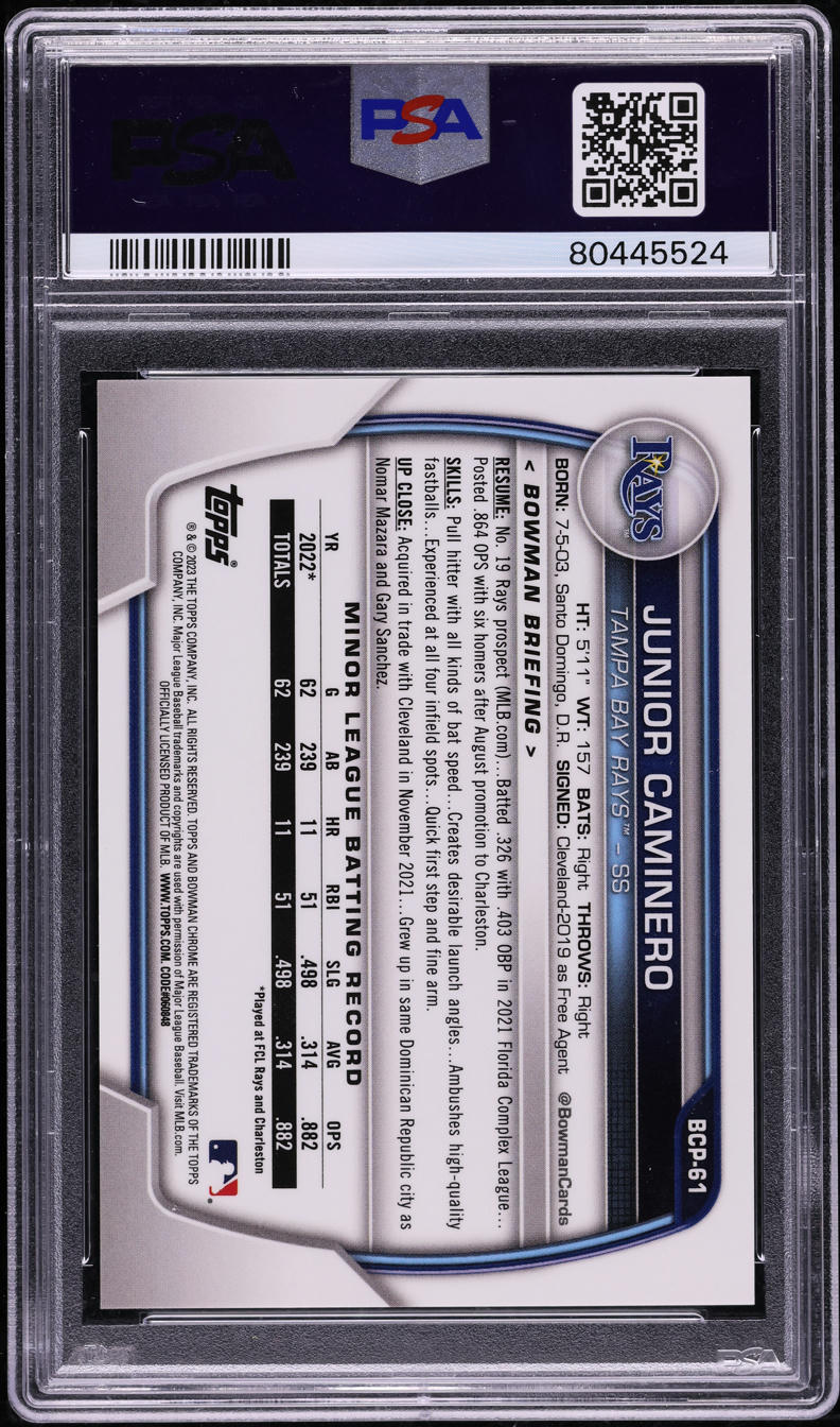 2023 Bowman Chrome Sapphire Green Junior Caminero ROOKIE /60 #BCP-61 PSA 10 GEM