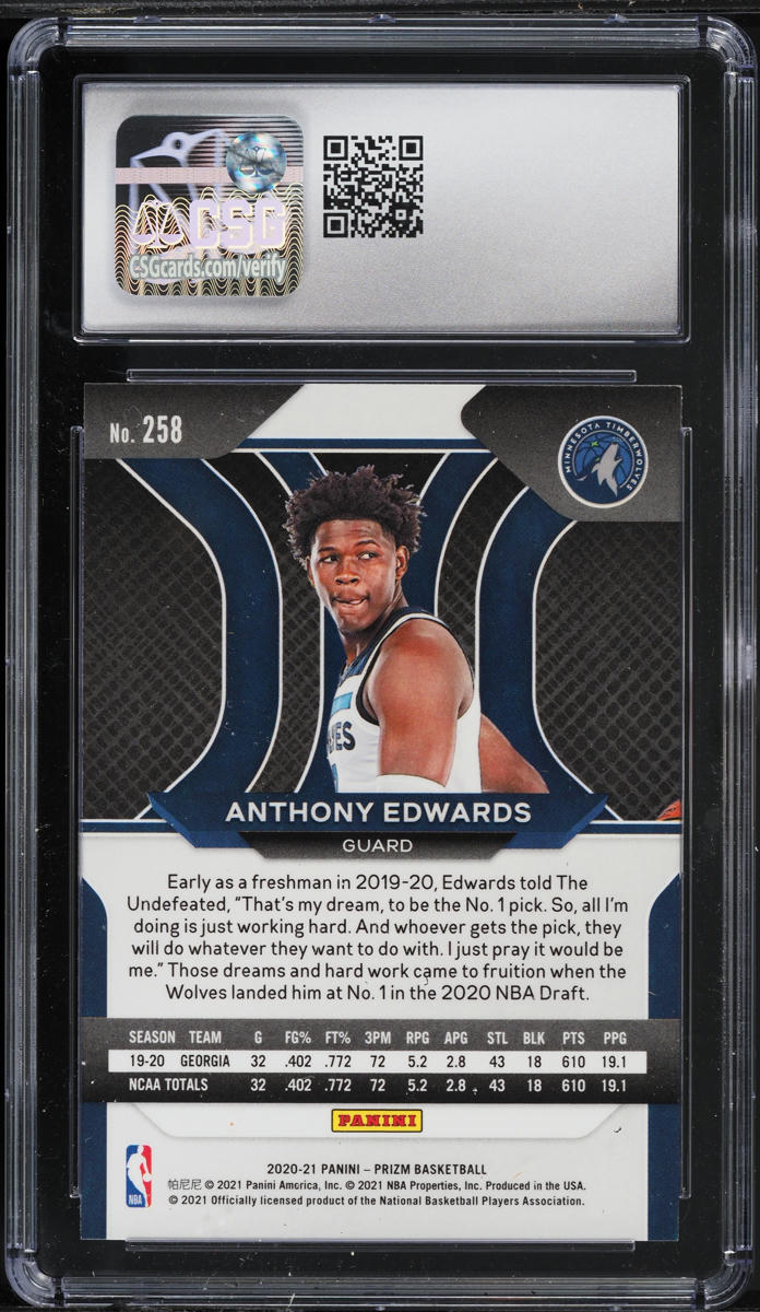 2020 Panini Prizm Anthony Edwards ROOKIE #258 CSG 10 GEM MINT