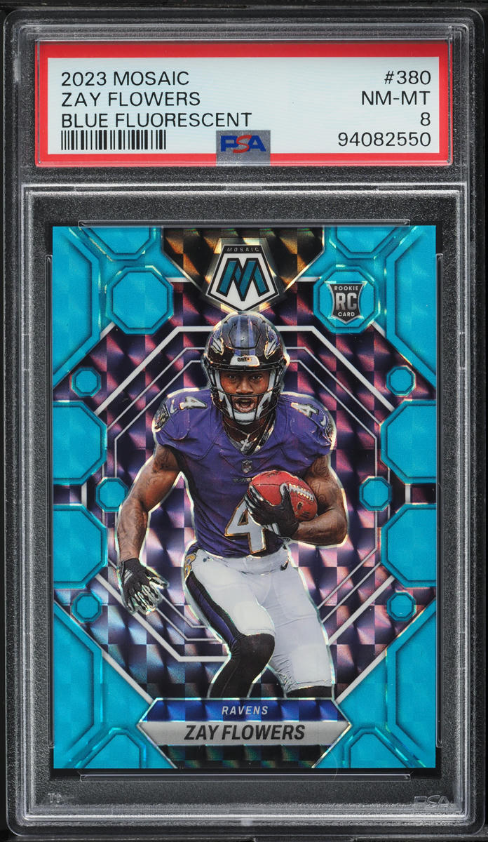 2023 Panini Mosaic Blue Fluorescent Zay Flowers ROOKIE /15 #380 PSA 8 NM-MT