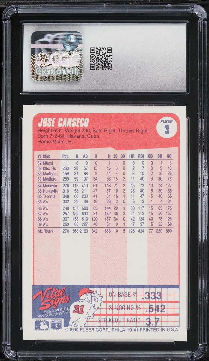 1990 Fleer Jose Canseco #3 CGC 9 MINT