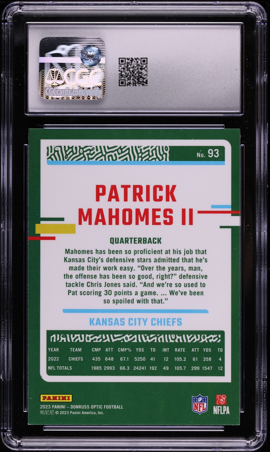 2023 Donruss Optic Patrick Mahomes II #93 CGC 9 MINT