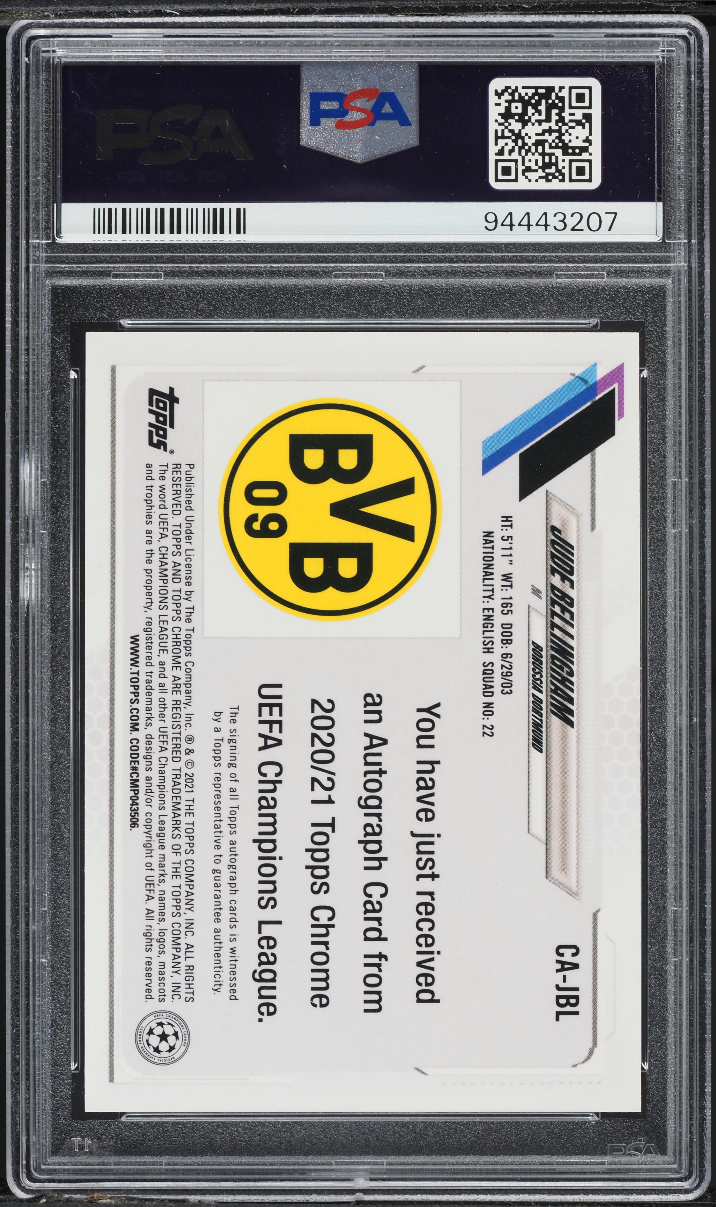 2020 Topps Chrome UEFA Jude Bellingham ROOKIE AUTO #CA-JBL PSA 9