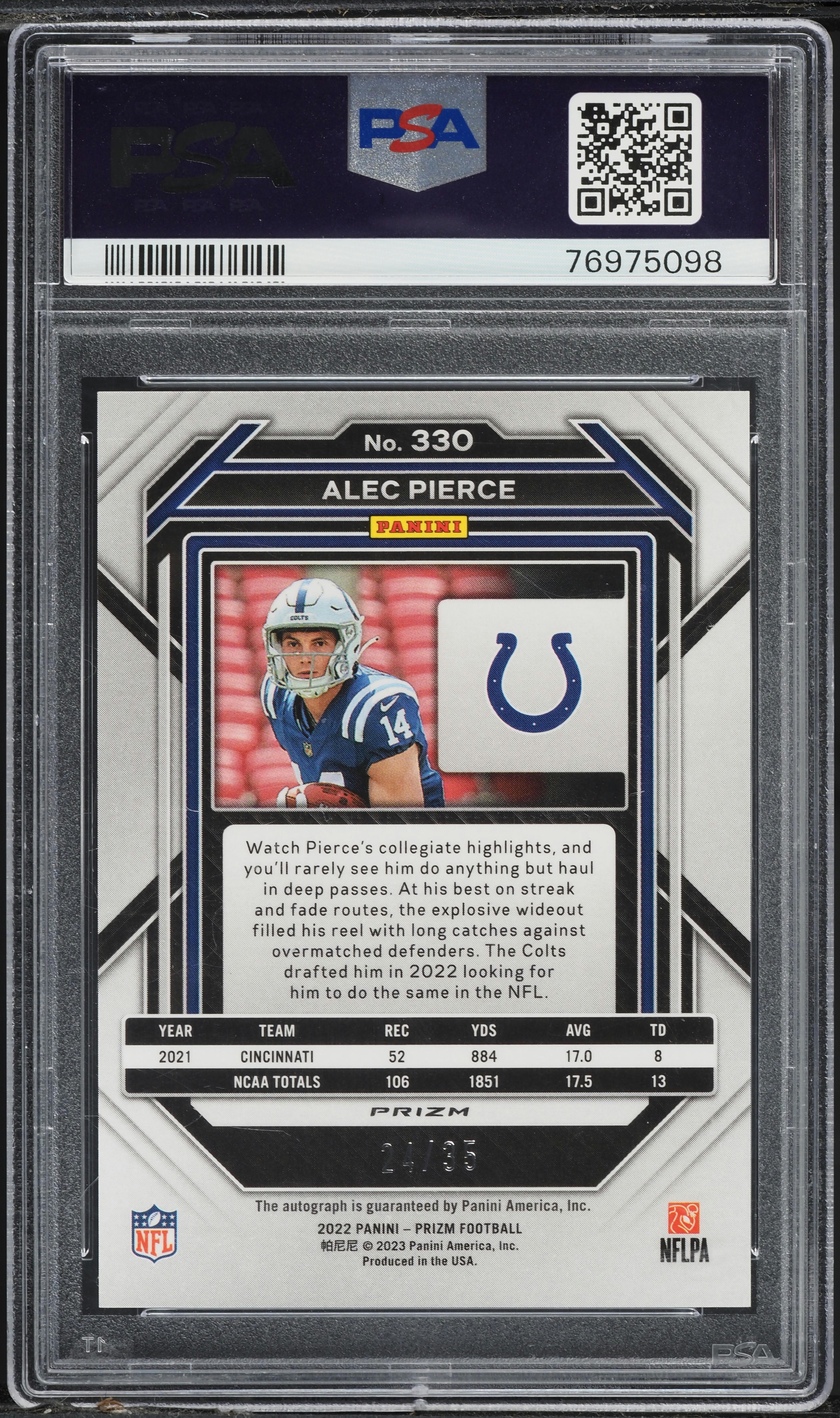 2022 Panini Prizm Red Shimmer Alec Pierce ROOKIE AUTO /35 #330 PSA