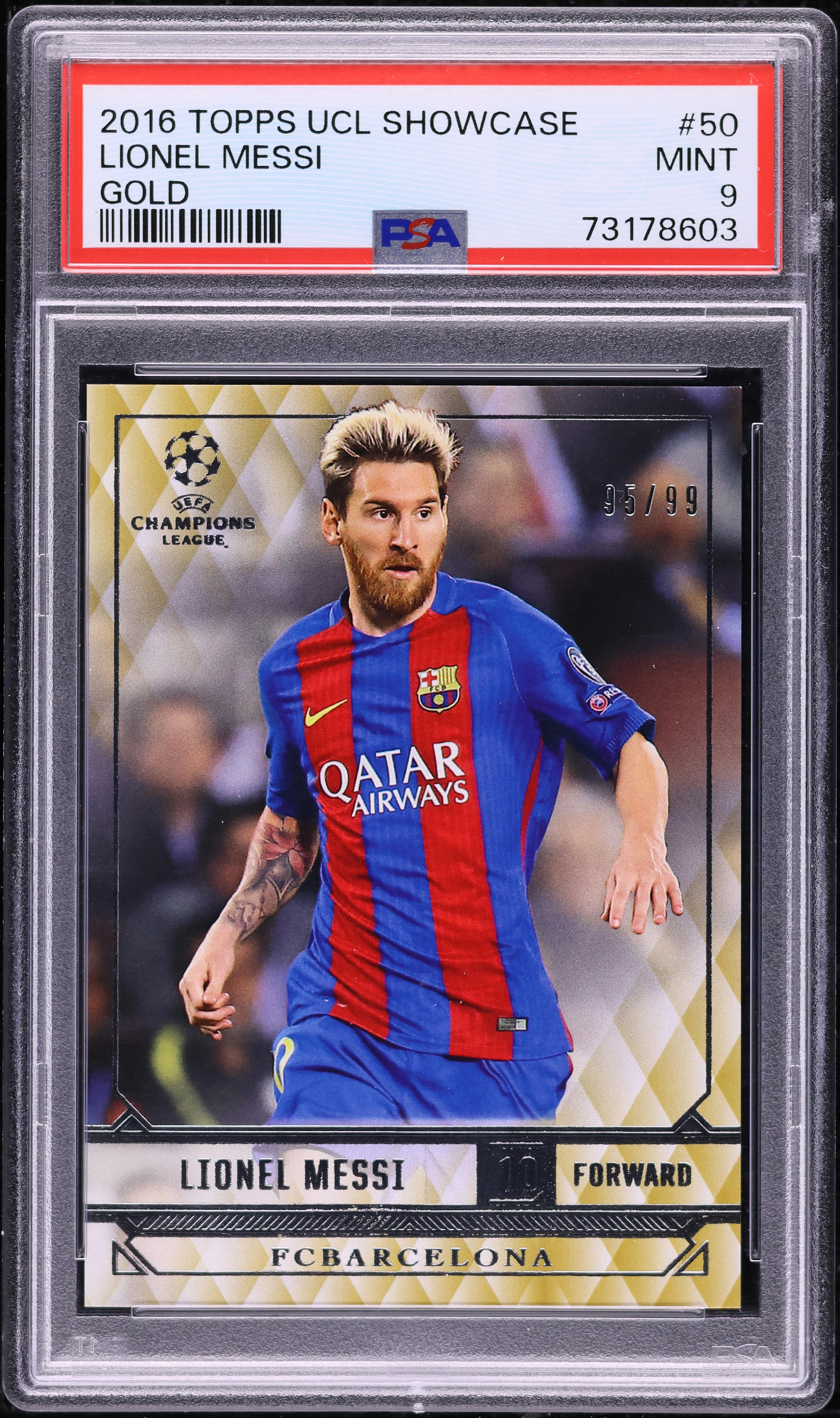 2016 Topps UEFA Champions League Gold Lionel Messi /99 #50 PSA 9