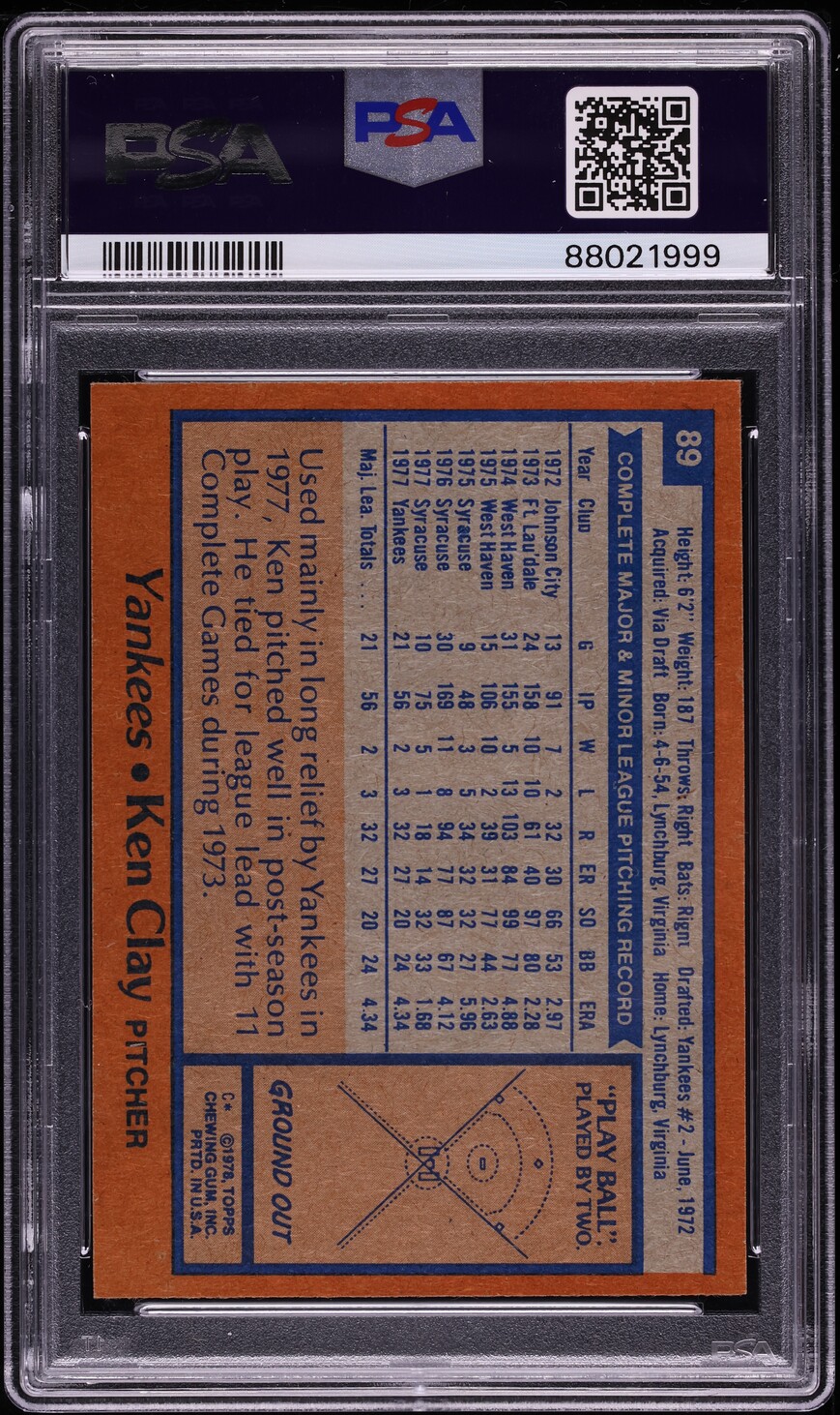 1978 Topps Ken Clay #89 PSA 10 GEM MINT