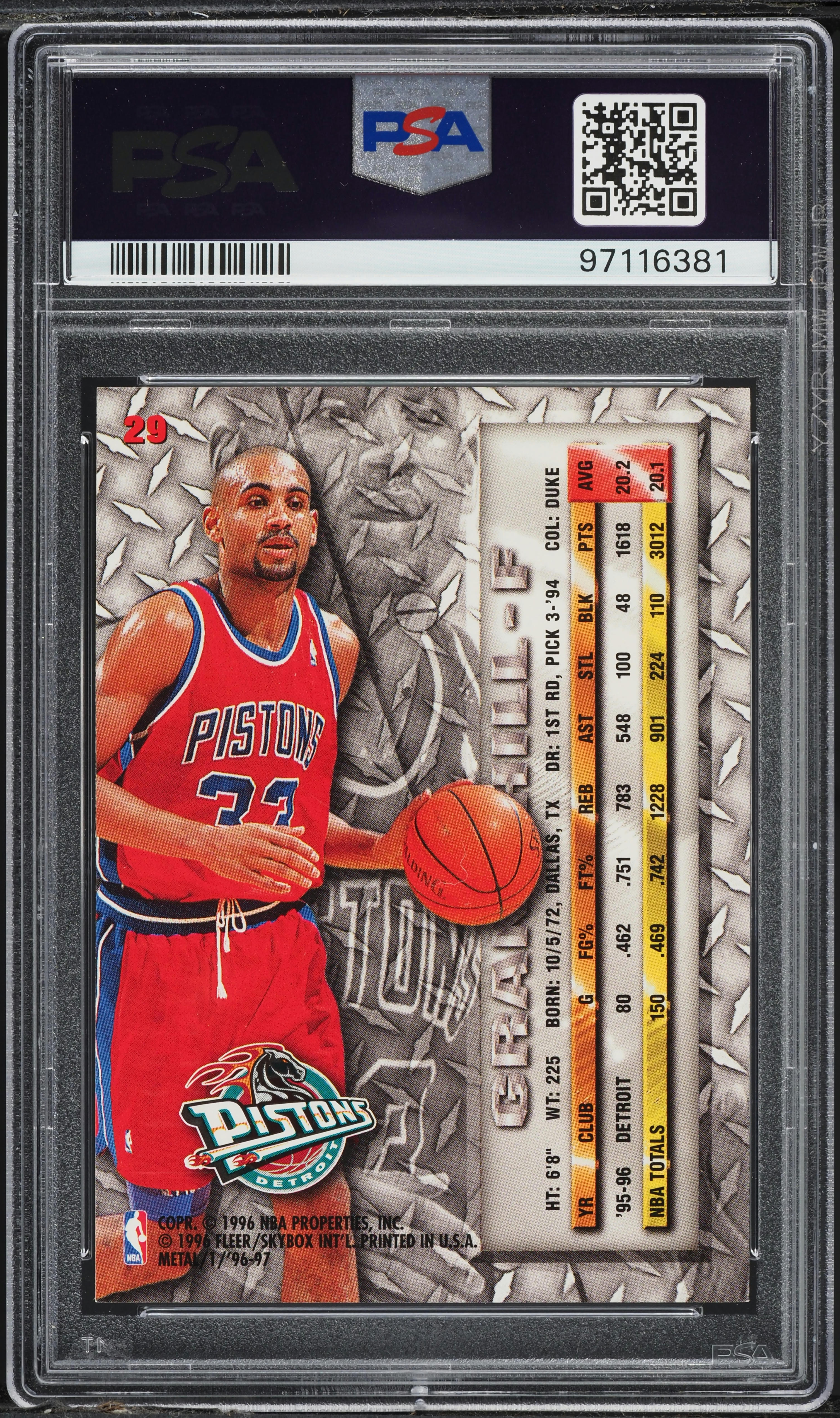 1996 Metal Basketball Grant Hill #29 PSA 8 NM-MT on Fanatics Collect
