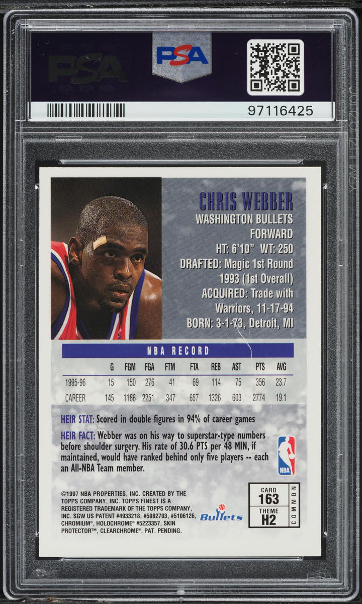 1996 Finest Basketball w/ Coating Chris Webber #163 PSA 8 NM-MT