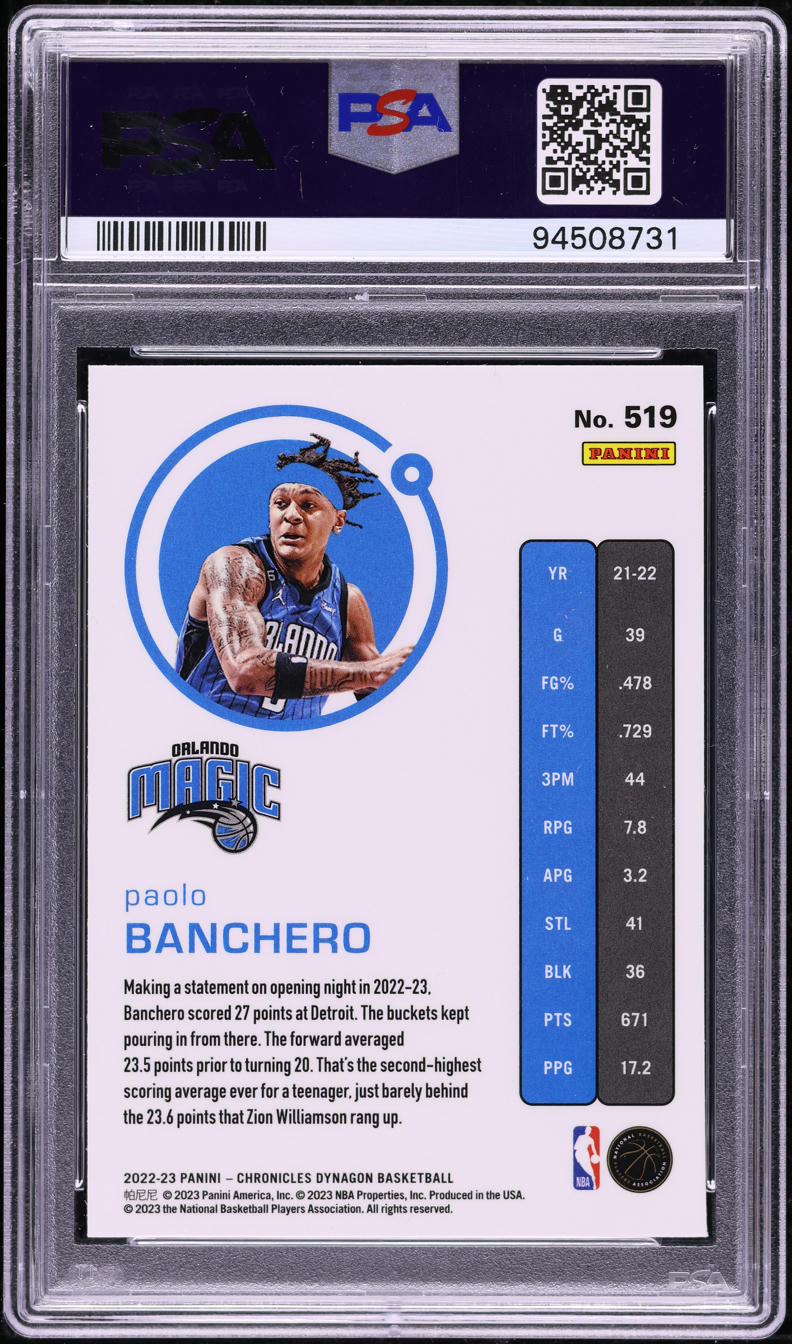 2022 Panini Chronicles Asia Paolo Banchero ROOKIE #519 PSA 10 GEM MINT