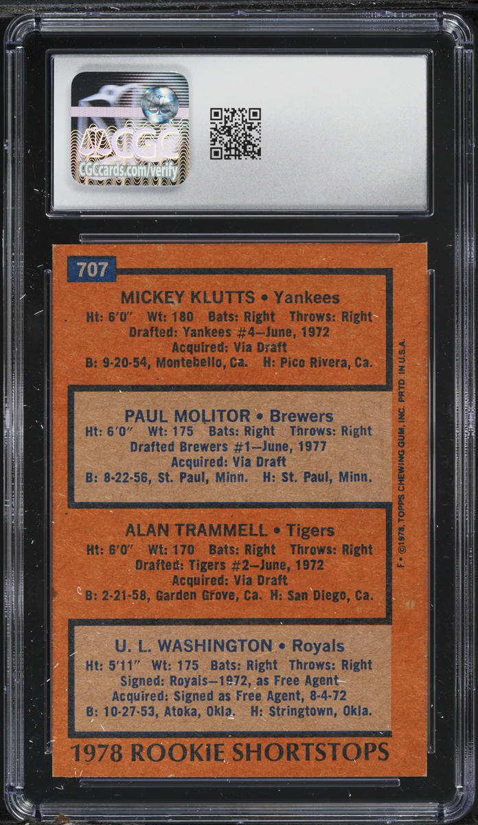 1978 Topps Rookie Shortstops Paul Molitor & Alan Trammell ROOKIE #707 CGC 7 NRMT