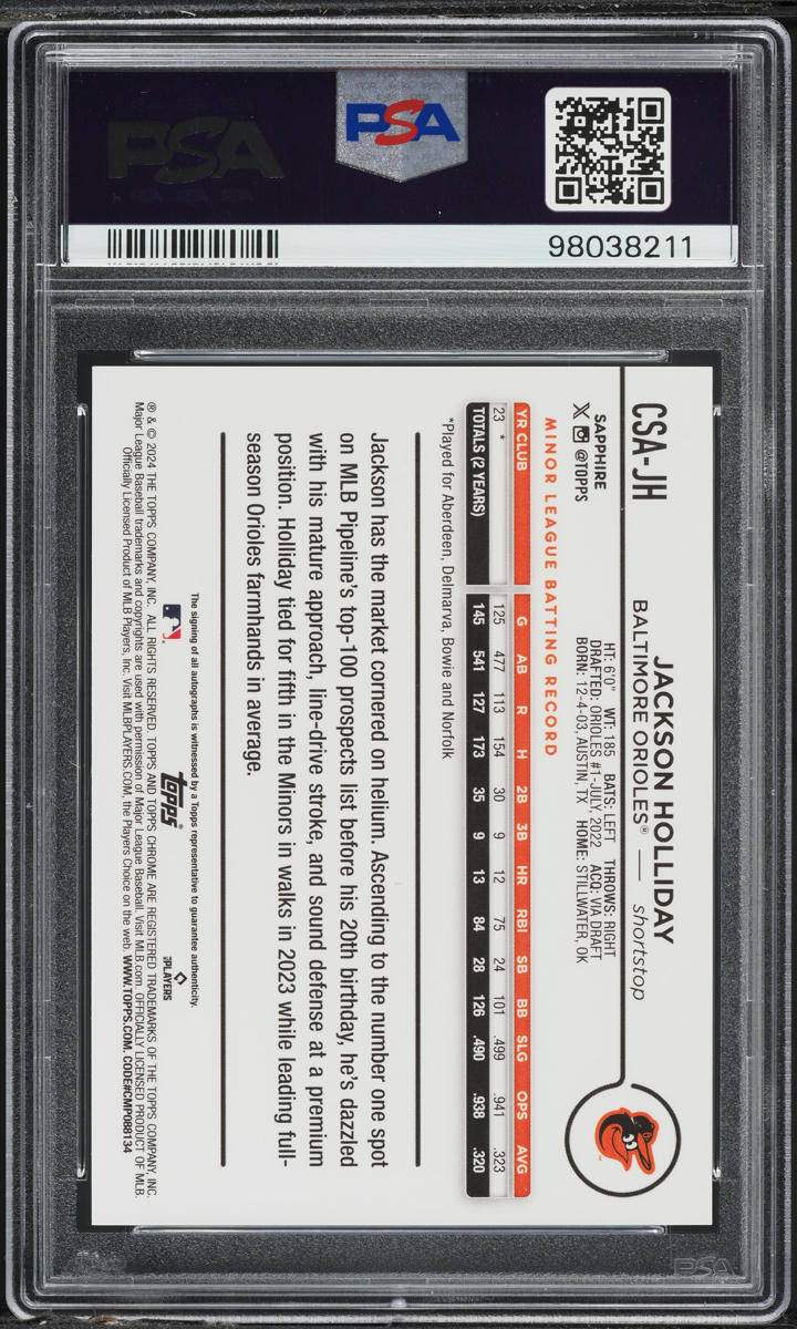 2024 Topps Chrome Sapphire Orange Jackson Holliday ROOKIE AUTO /25 PSA 10 GEM