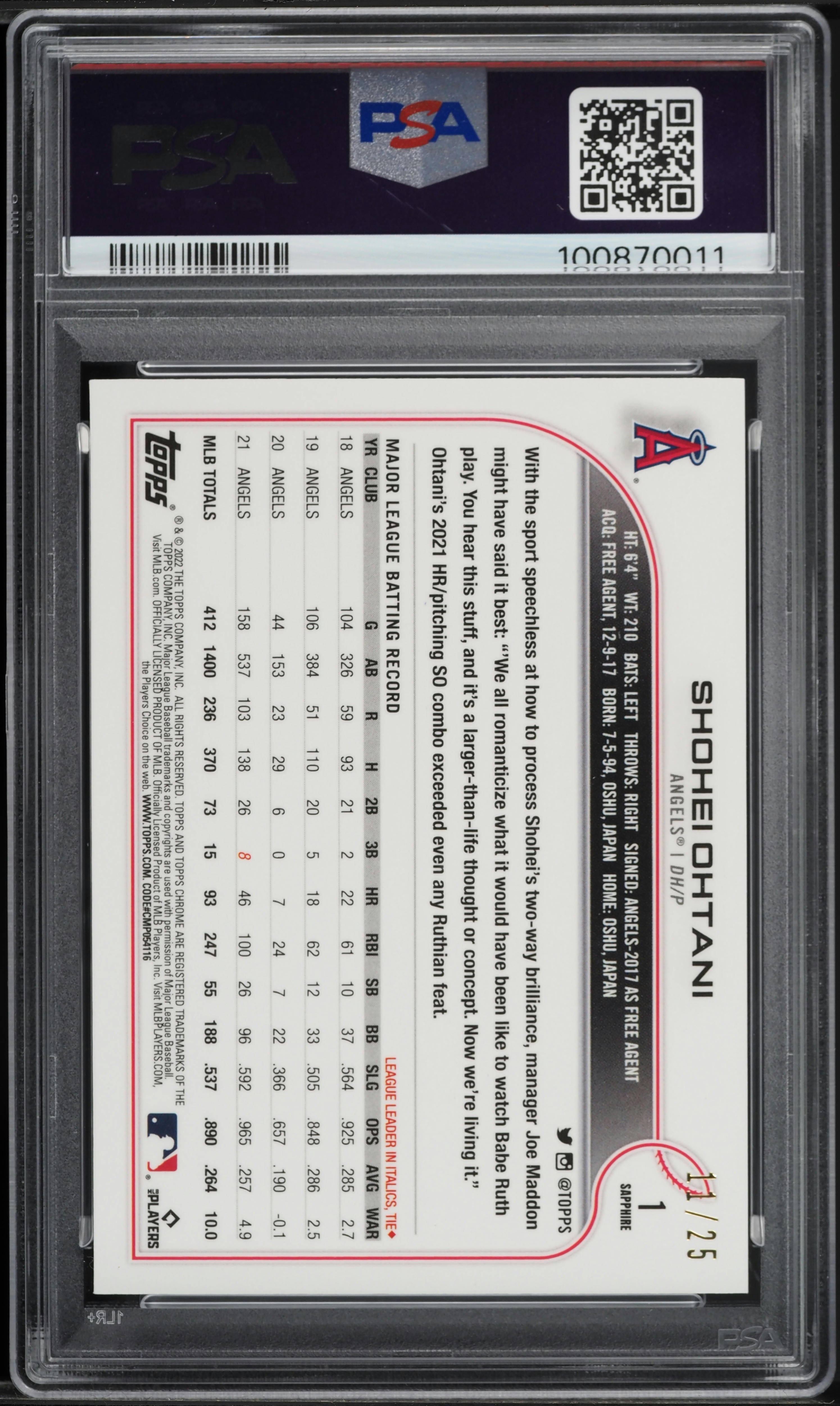 2022 Topps Chrome Sapphire Edition Orange Shohei Ohtani /25 #1 PSA