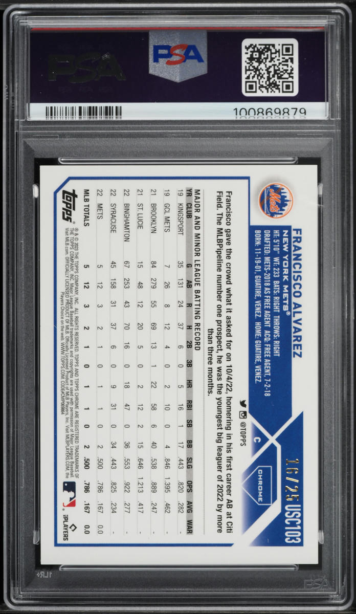 2023 Topps Chrome Update SP Orange Speckle Francisco Alvarez ROOKIE /25 PSA 10