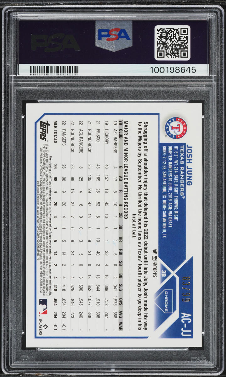 2023 Topps Chrome Update Green Refractor Josh Jung RC AUTO /99 #ACJJ PSA 10 GEM