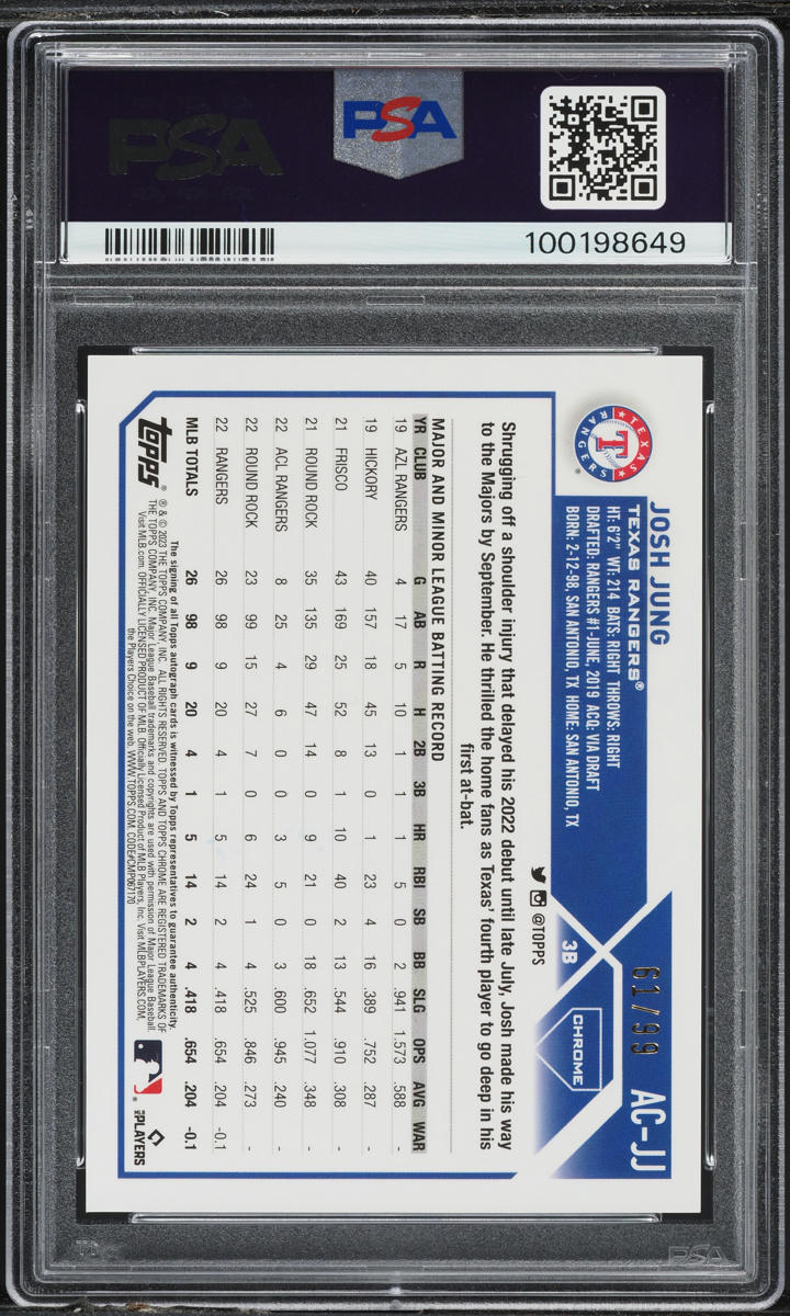 2023 Topps Chrome Update Green Refractor Josh Jung RC AUTO /99 #ACJJ PSA 10 GEM