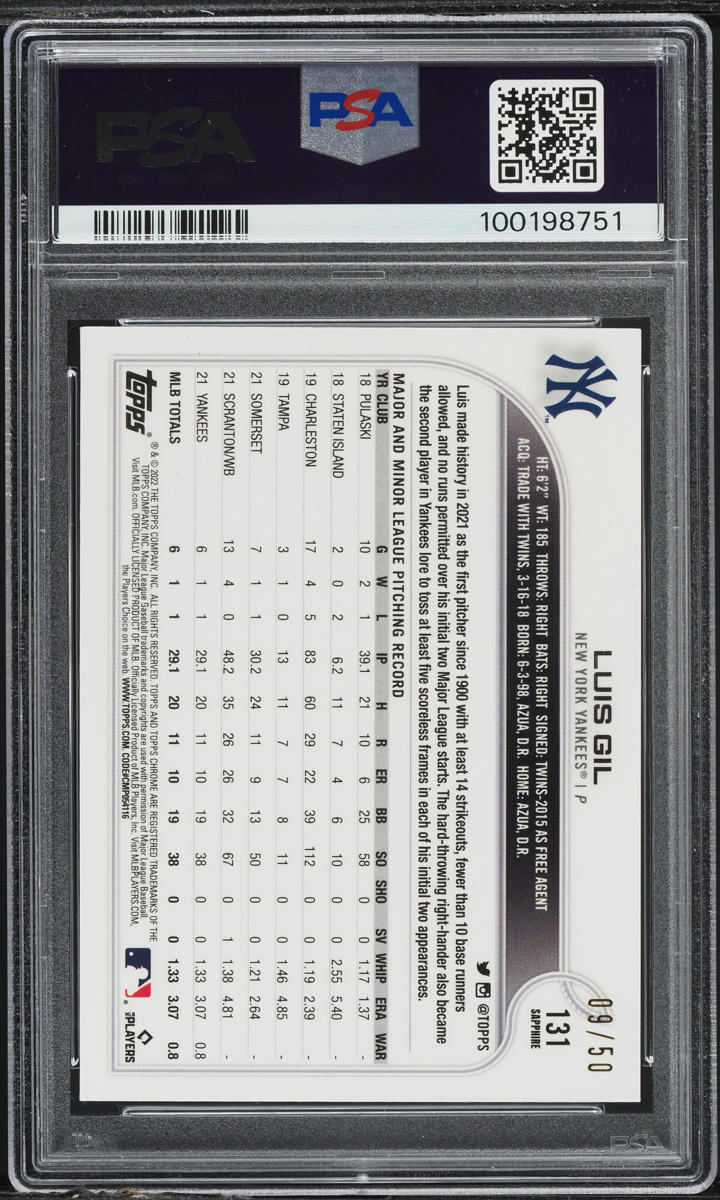 2022 Topps Chrome Sapphire Edition Gold Luis Gil ROOKIE /50 #131 PSA 9 MINT