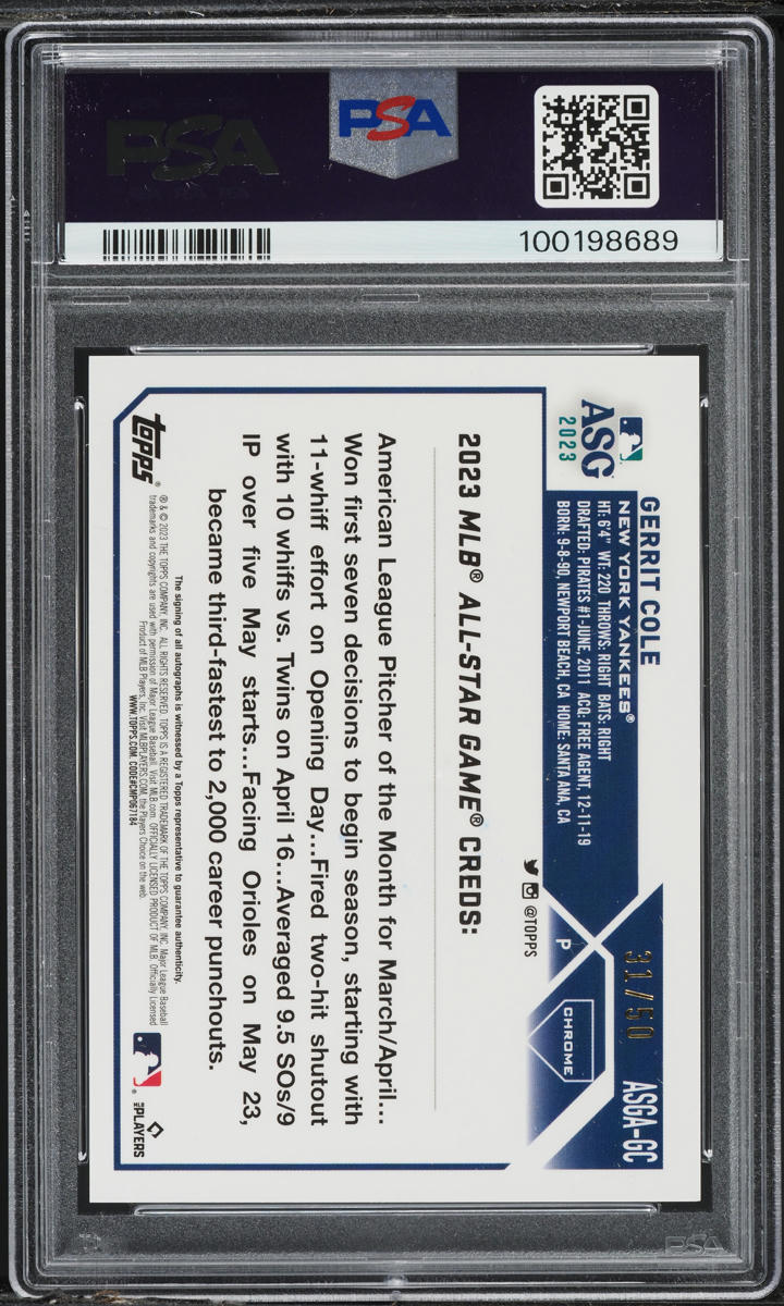 2023 Topps Chrome Update All-Star Gold Refractor Gerrit Cole AUTO /50 #GC PSA 9