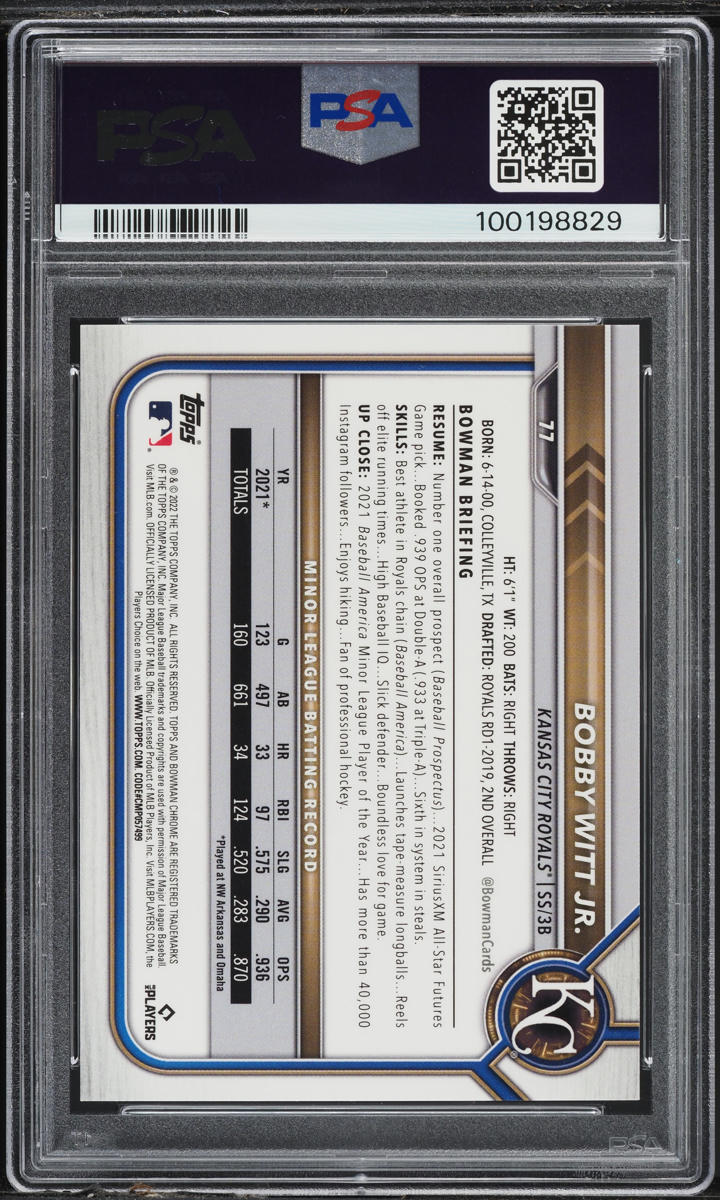 2022 Bowman Chrome Sapphire Edition SP Orange Bobby Witt Jr. RC /75 #77 PSA 10
