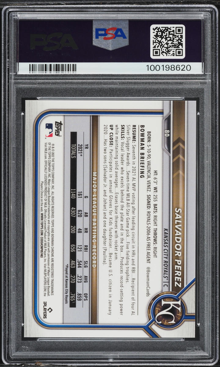 2022 Bowman Chrome Sapphire Edition Red Salvador Perez 1/5 #80 PSA 10 GEM MINT