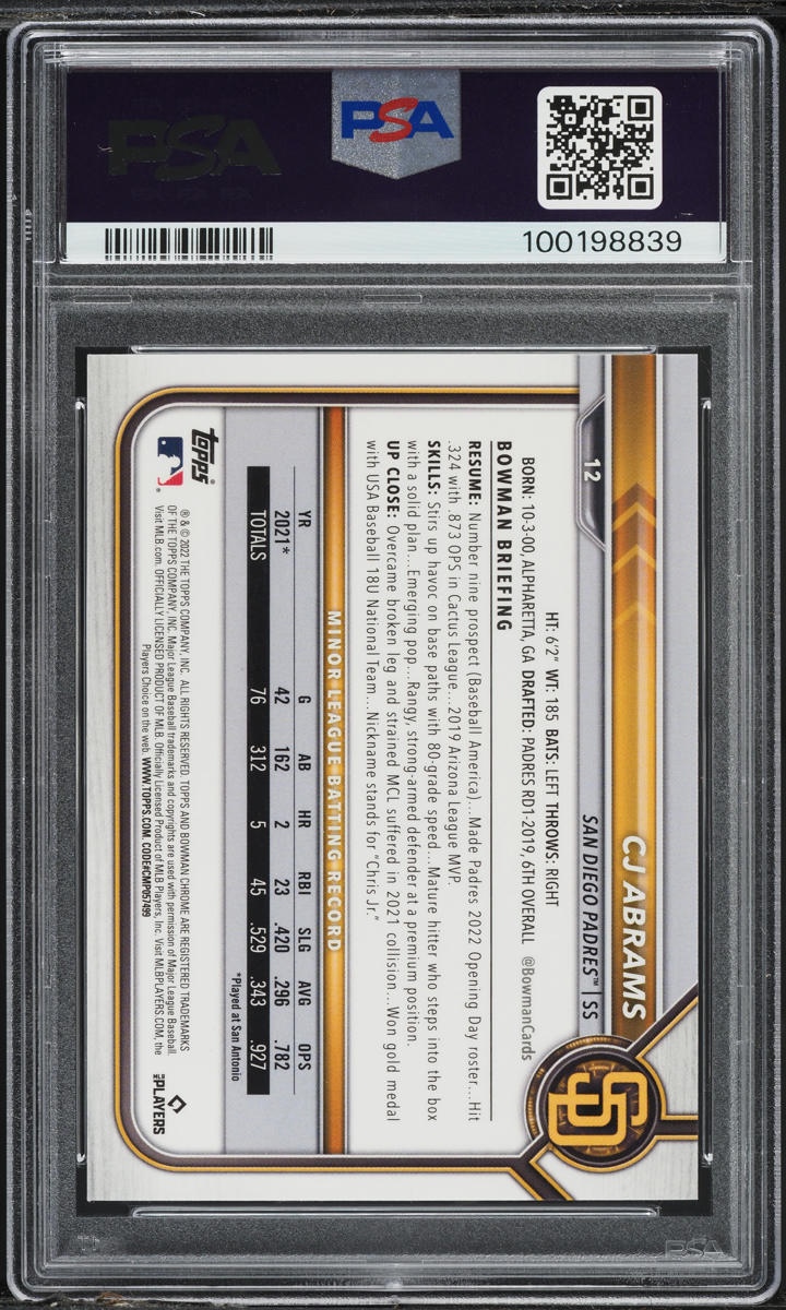 2022 Bowman Chrome Sapphire Orange CJ Abrams SP ROOKIE /75 #12 PSA 10 GEM MINT