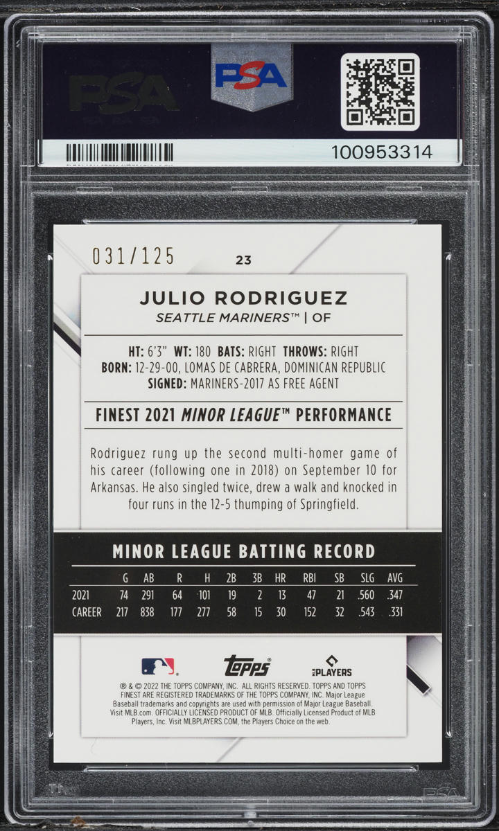 2022 Finest Green Speckle Refractor Julio Rodriguez ROOKIE /125 #23 PSA 9 MINT