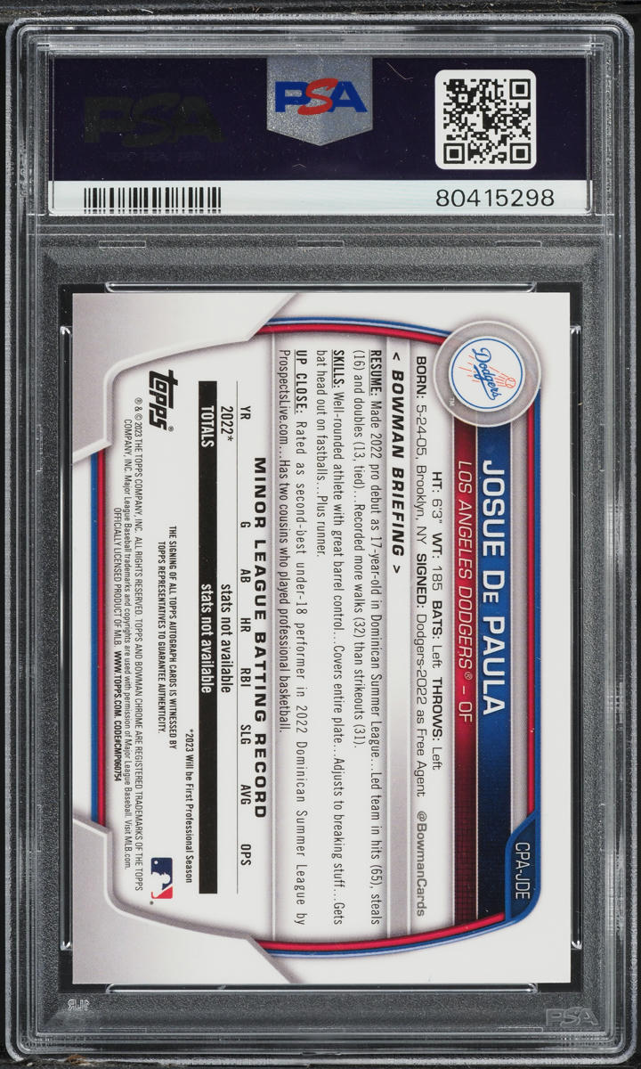 2023 Bowman Chrome Speckle Refractor Josue De Paula PROSPECT AUTO /299 #CPA-JDE PSA 10 GEM MINT