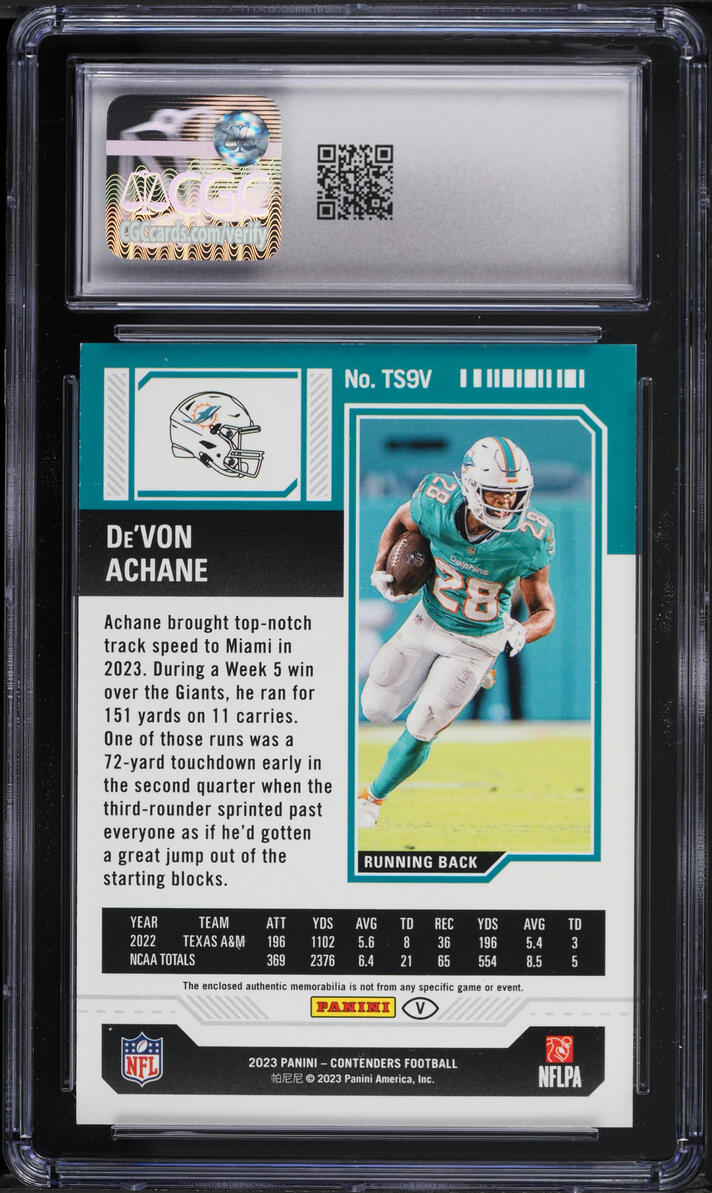 2023 Panini Contenders Ticket Variation De'Von Achane ROOKIE PATCH #TS9V CGC 8