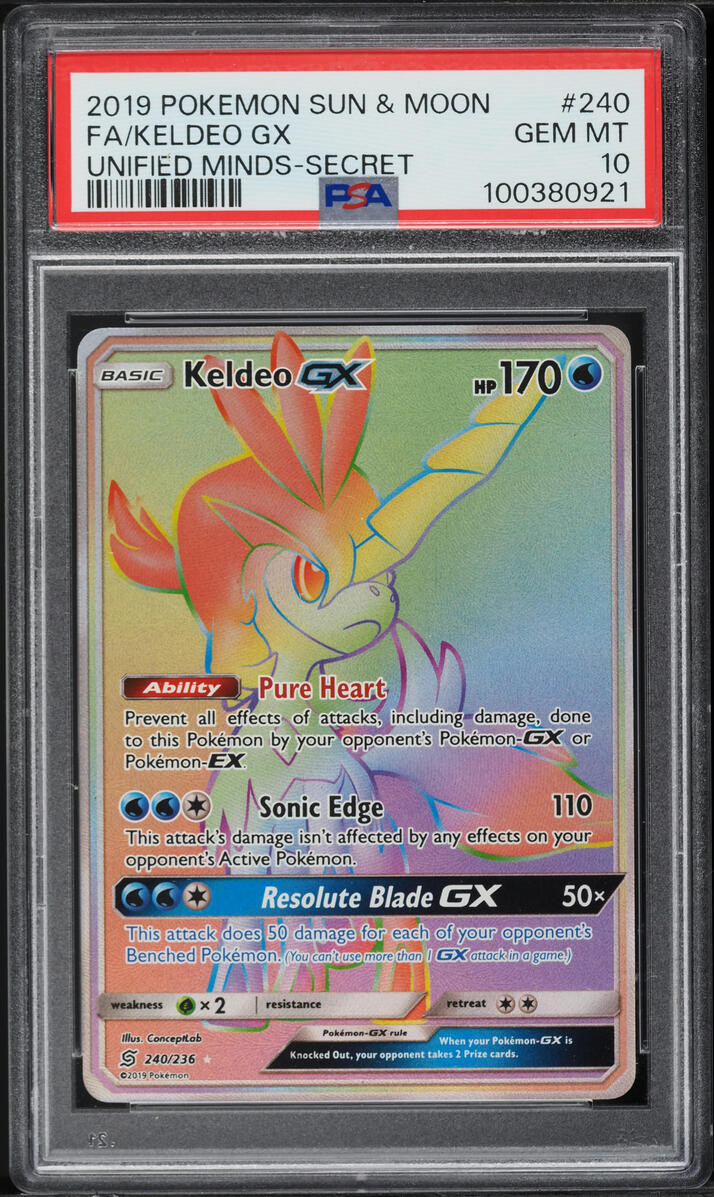 2019 Pokemon Sun & Moon Unified Minds Hyper Rare Keldeo GX #240 PSA 10 GEM MINT