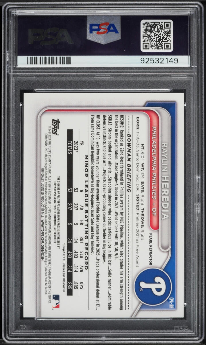 2024 Bowman Chrome Pearl Refractor Raylin Heredia ROOKIE AUTO /10 #CPA-RH PSA 9