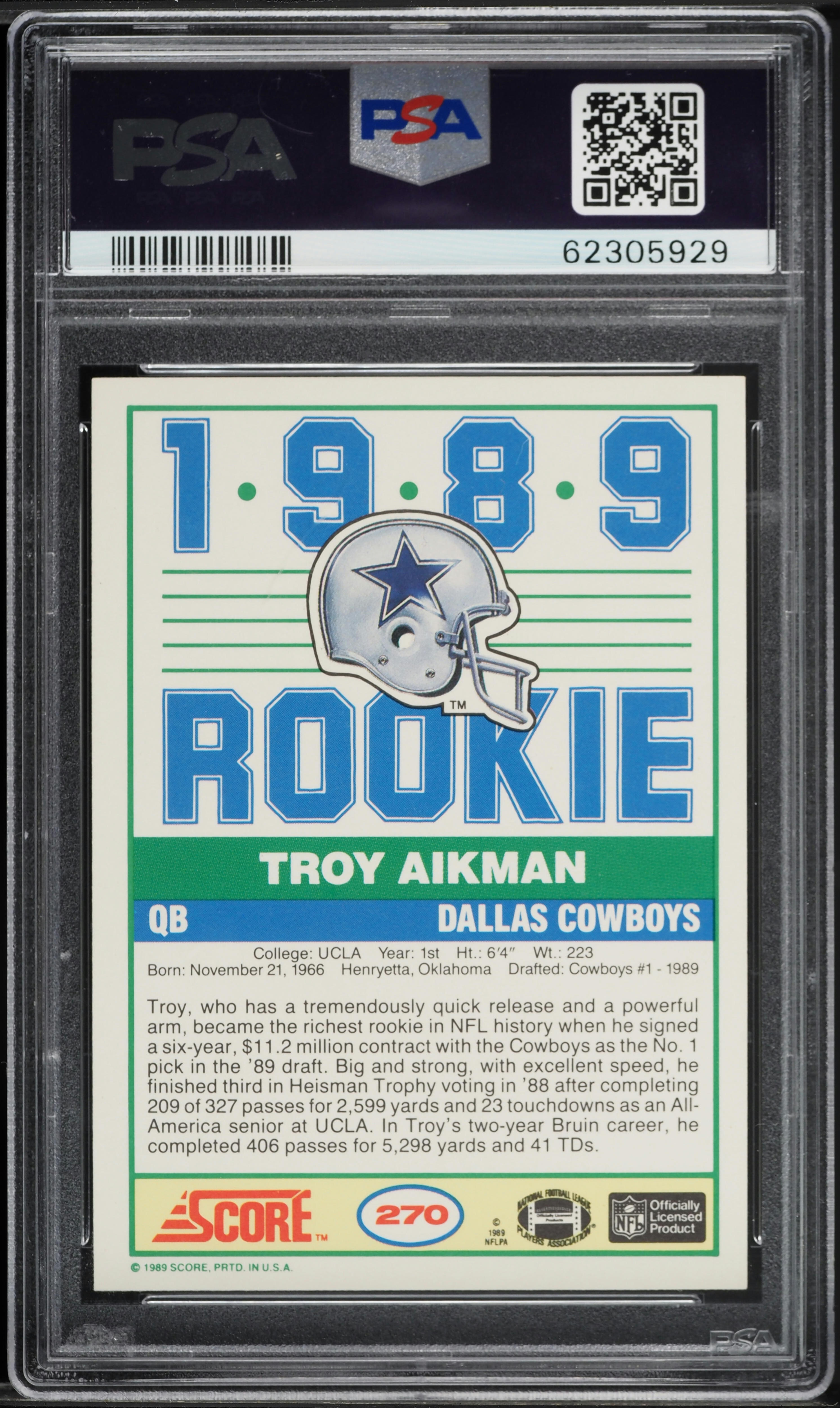 1989 Score Football Troy Aikman ROOKIE #270 PSA 9 MINT on Fanatics