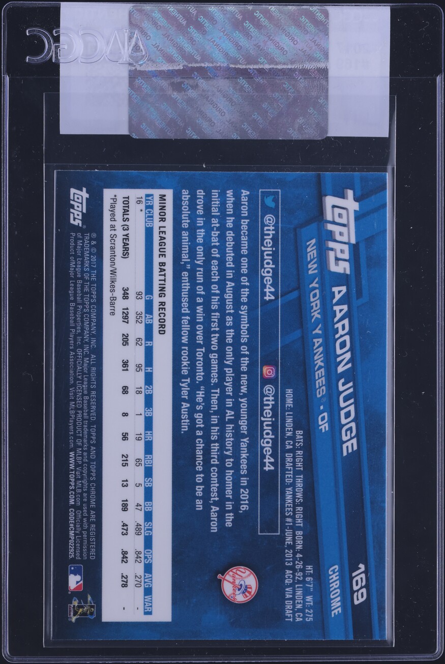 2017 Topps Chrome Aaron Judge ROOKIE #169 CGC AUTH