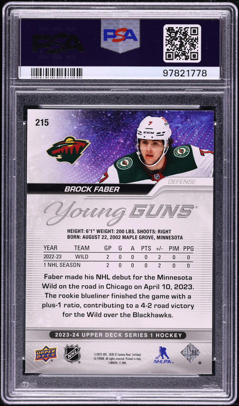 2023 Upper Deck Young Guns Outburst Brock Faber ROOKIE #215 PSA 8 NM-MT