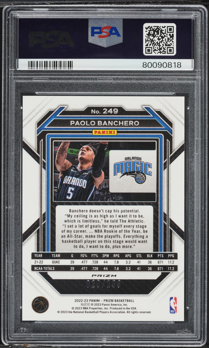 2022 Panini Prizm Red Paolo Banchero ROOKIE /299 #249 PSA 9 MINT