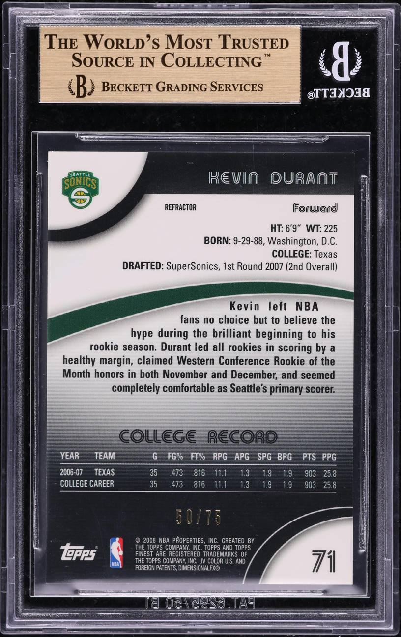 2007 Finest Black Refractor Kevin Durant ROOKIE /75 #71 BGS 9.5 GEM MINT