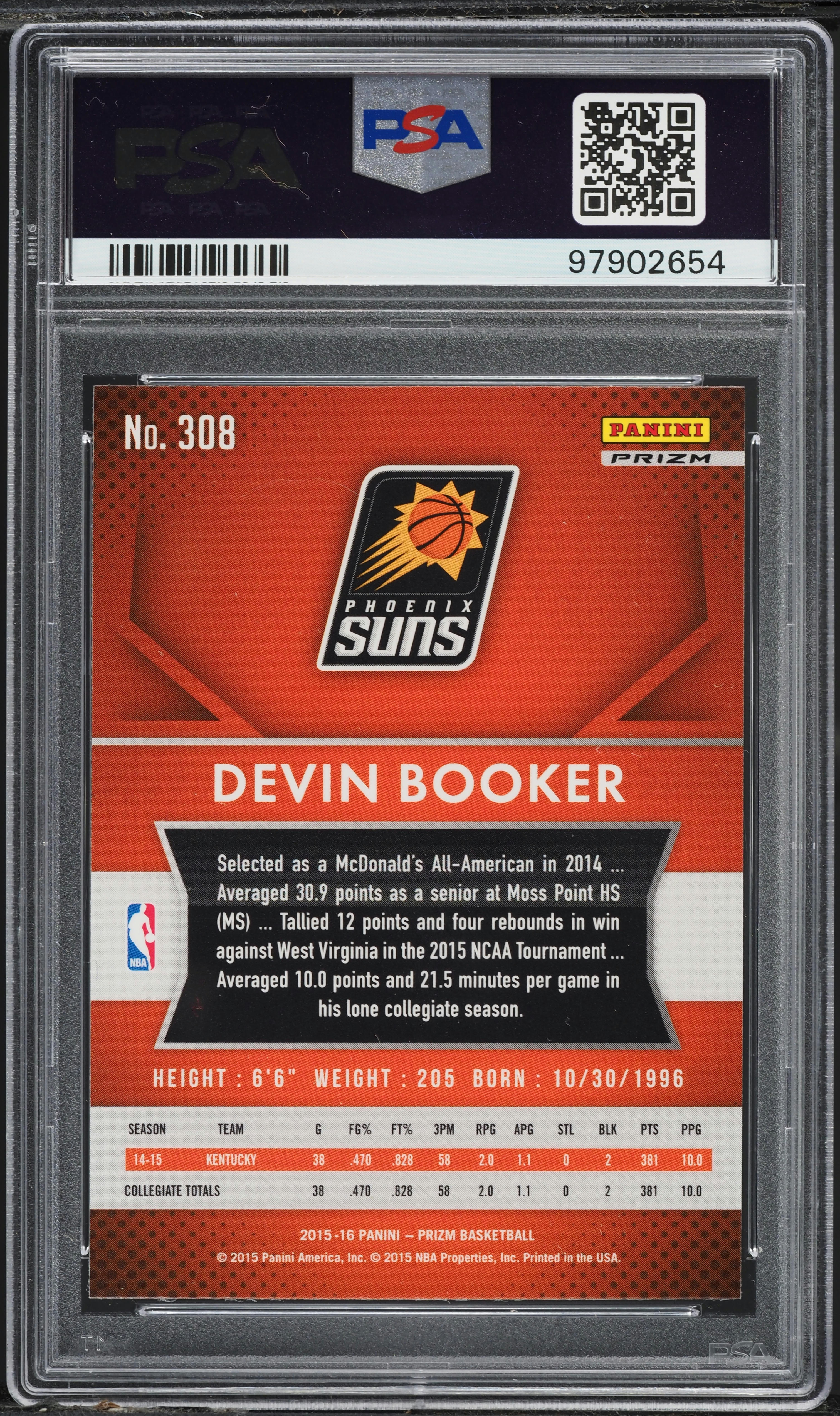 2015 Panini Prizm Silver Devin Booker ROOKIE #308 PSA 10 GEM MINT
