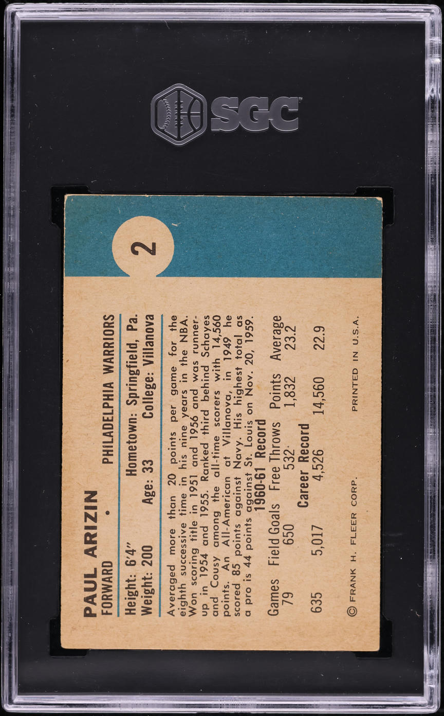 1961 Fleer Basketball Paul Arizin #2 SGC 4 VGEX
