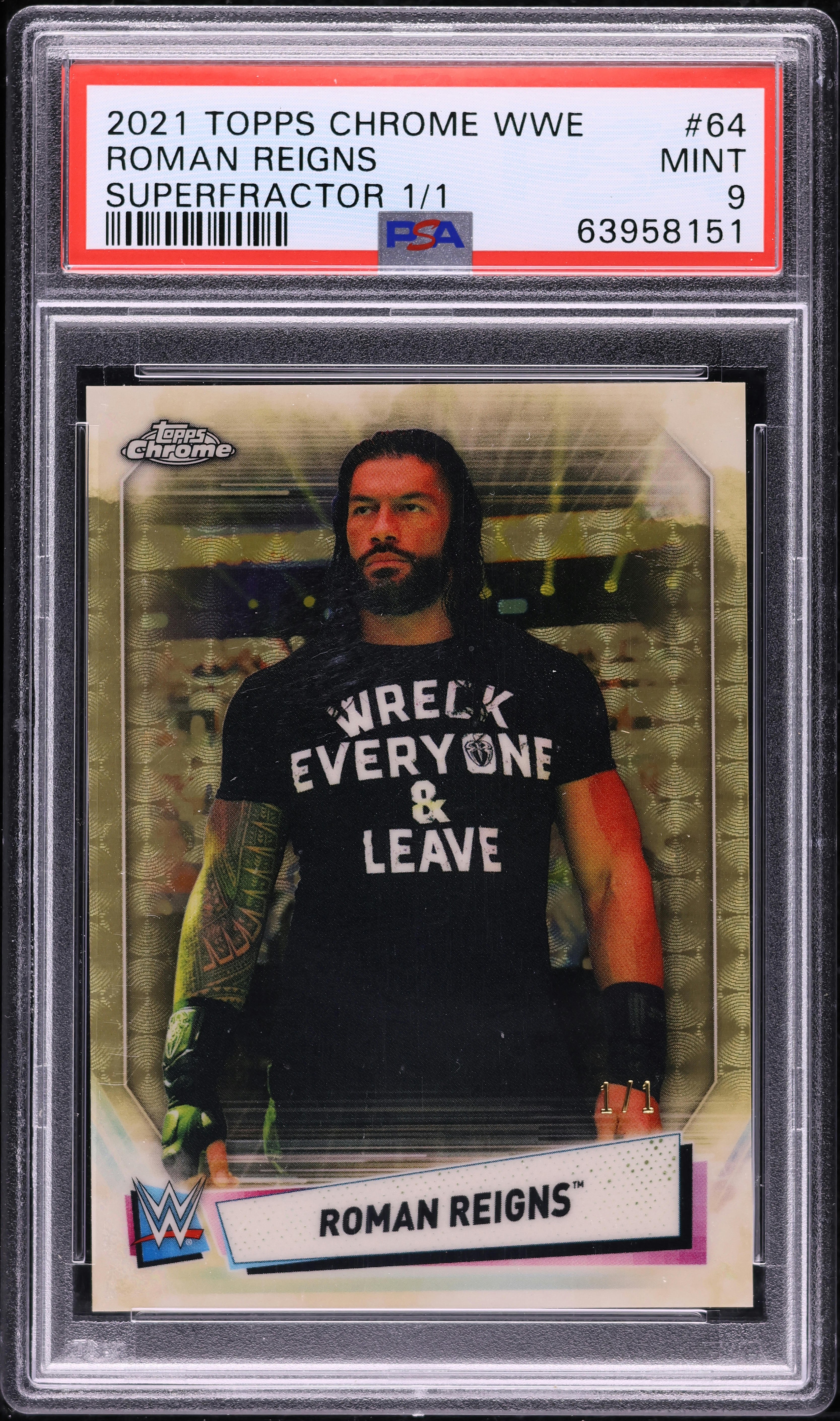 2021 Topps Chrome WWE Superfractor Roman Reigns 1/1 #64 PSA 9 MINT