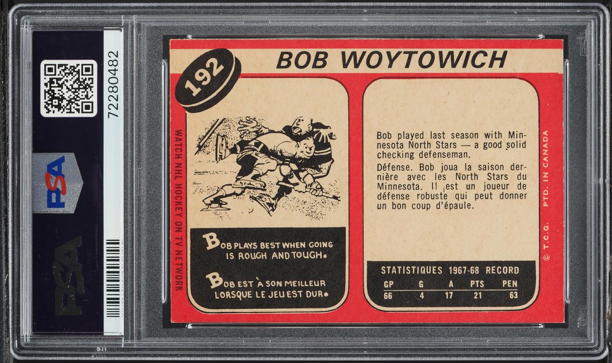1968 O-Pee-Chee Hockey Bob Woytowich #192 PSA 8 NM-MT