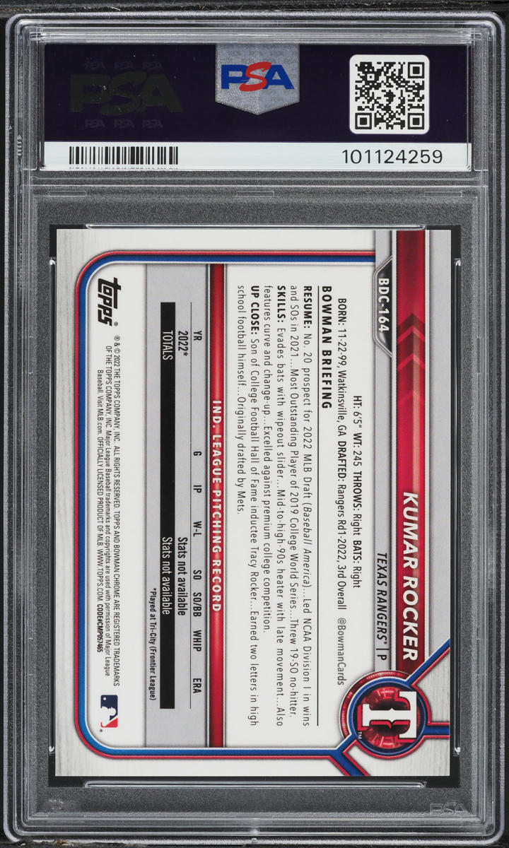 2022 Bowman Chrome Sapphire Green Refractor Kumar Rocker PROSPECT /50 PSA 10 GEM