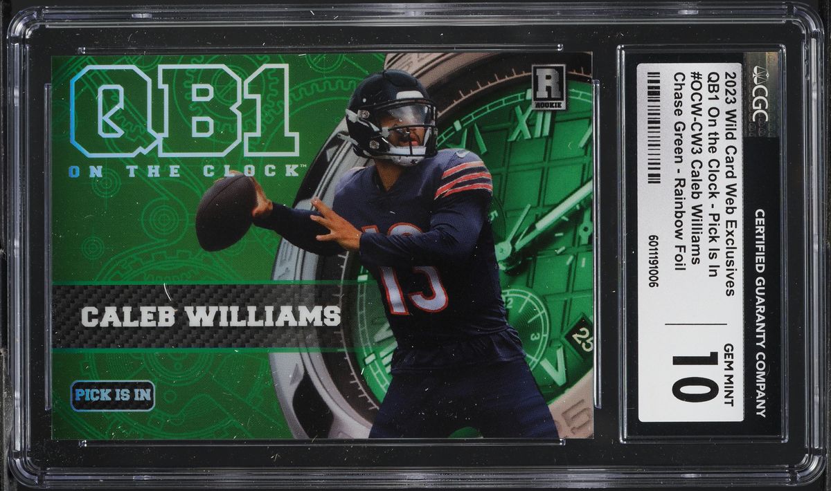 2023 Wild Card Web QB1 On The Clock Green Rainbow Foil Caleb Williams RC CGC 10